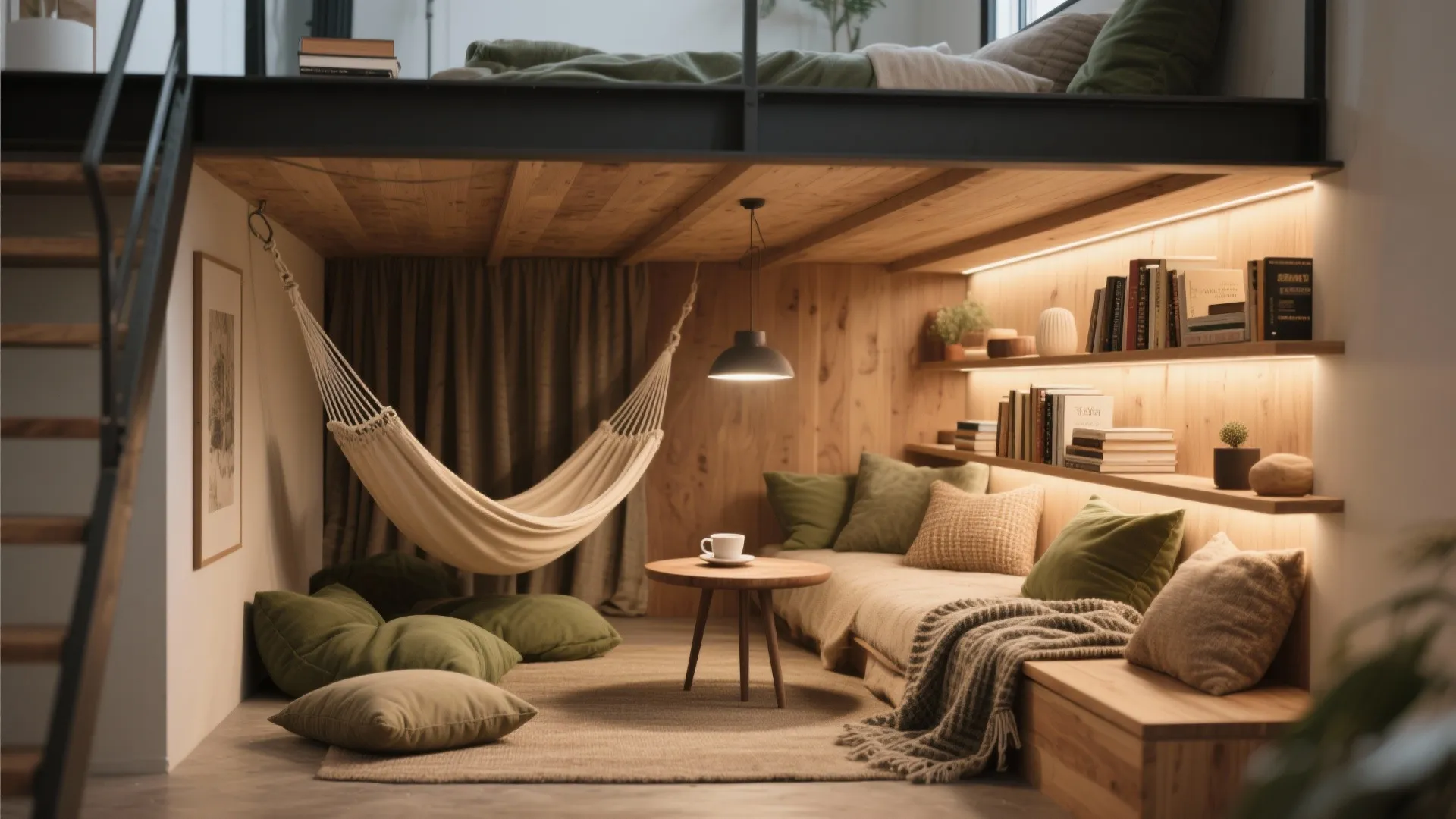 Cozy loft area under bed with hammock floor pillows small round table and wall shelves