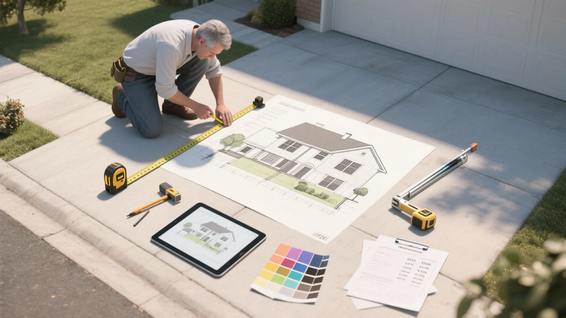 A man measuring house design drawing on driveway with tape measure tablet and color swatches