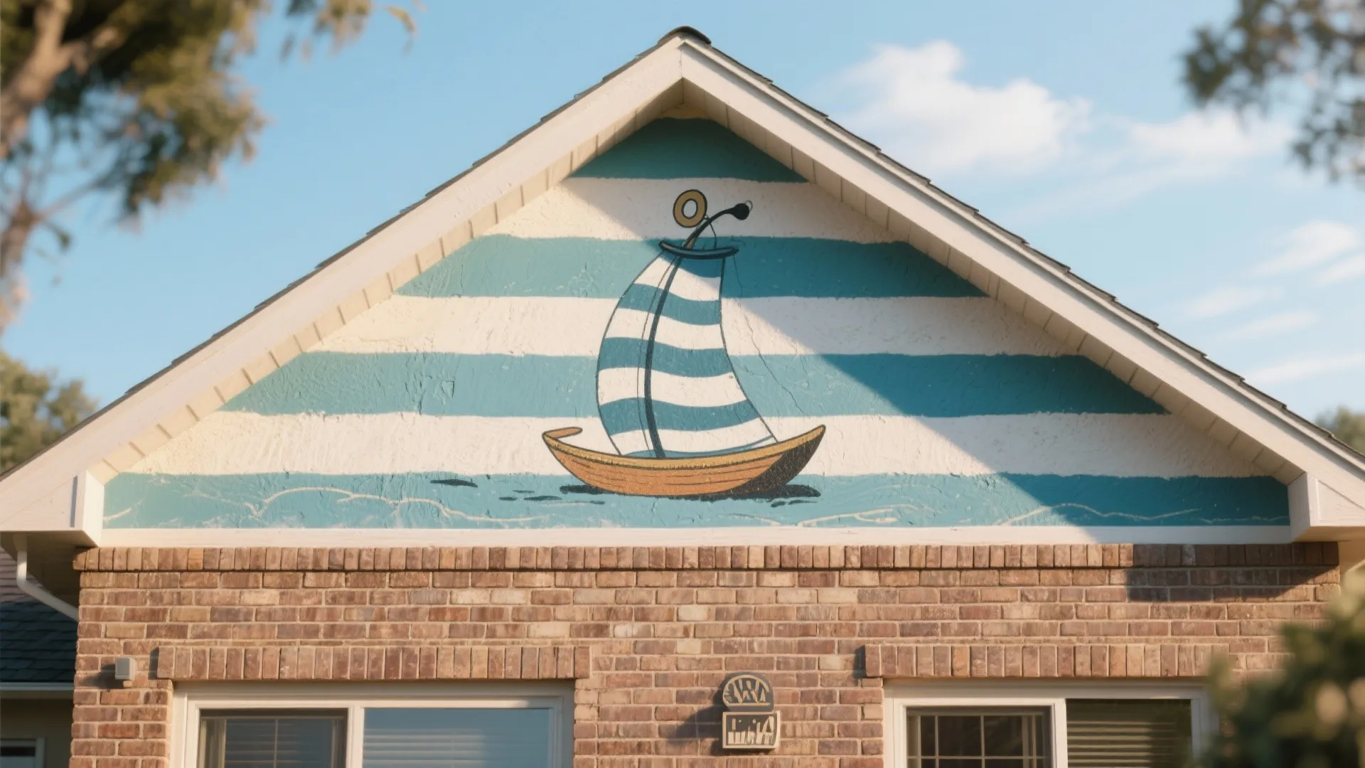 Brick house with a blue and white striped painting of a small sailboat under roof