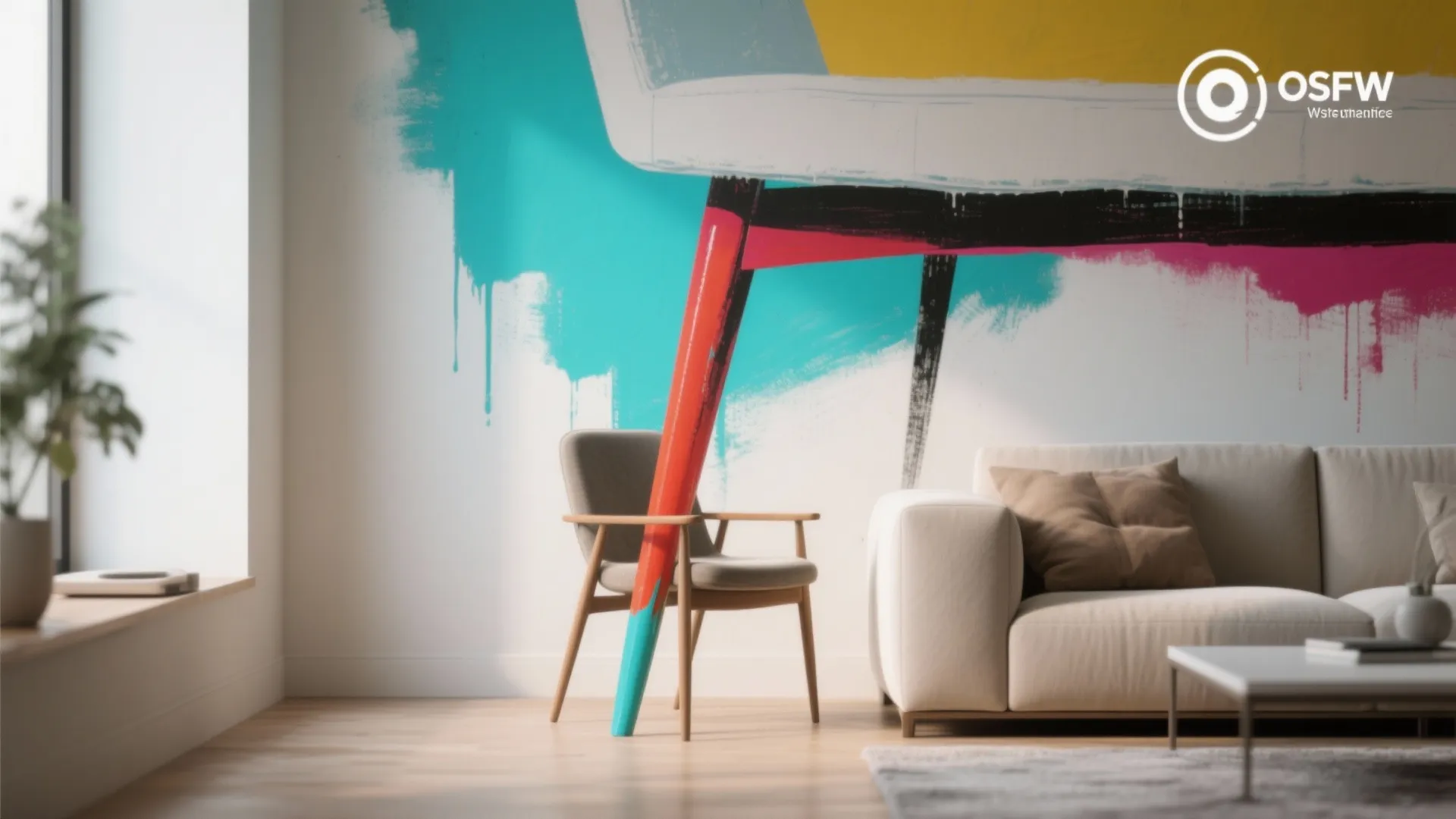 Modern living room with white sofa and colorful wall art featuring a large painted chair