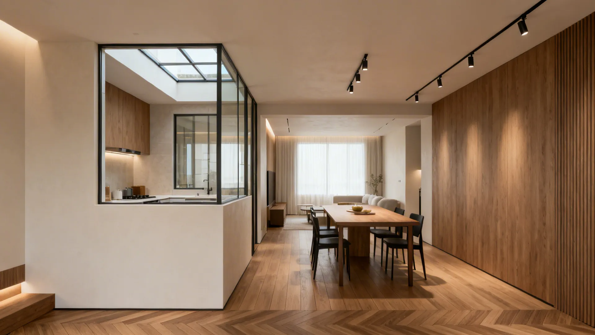Small kitchen with a half-height wall and glass clerestory pass-through to a dining room with defined zones.