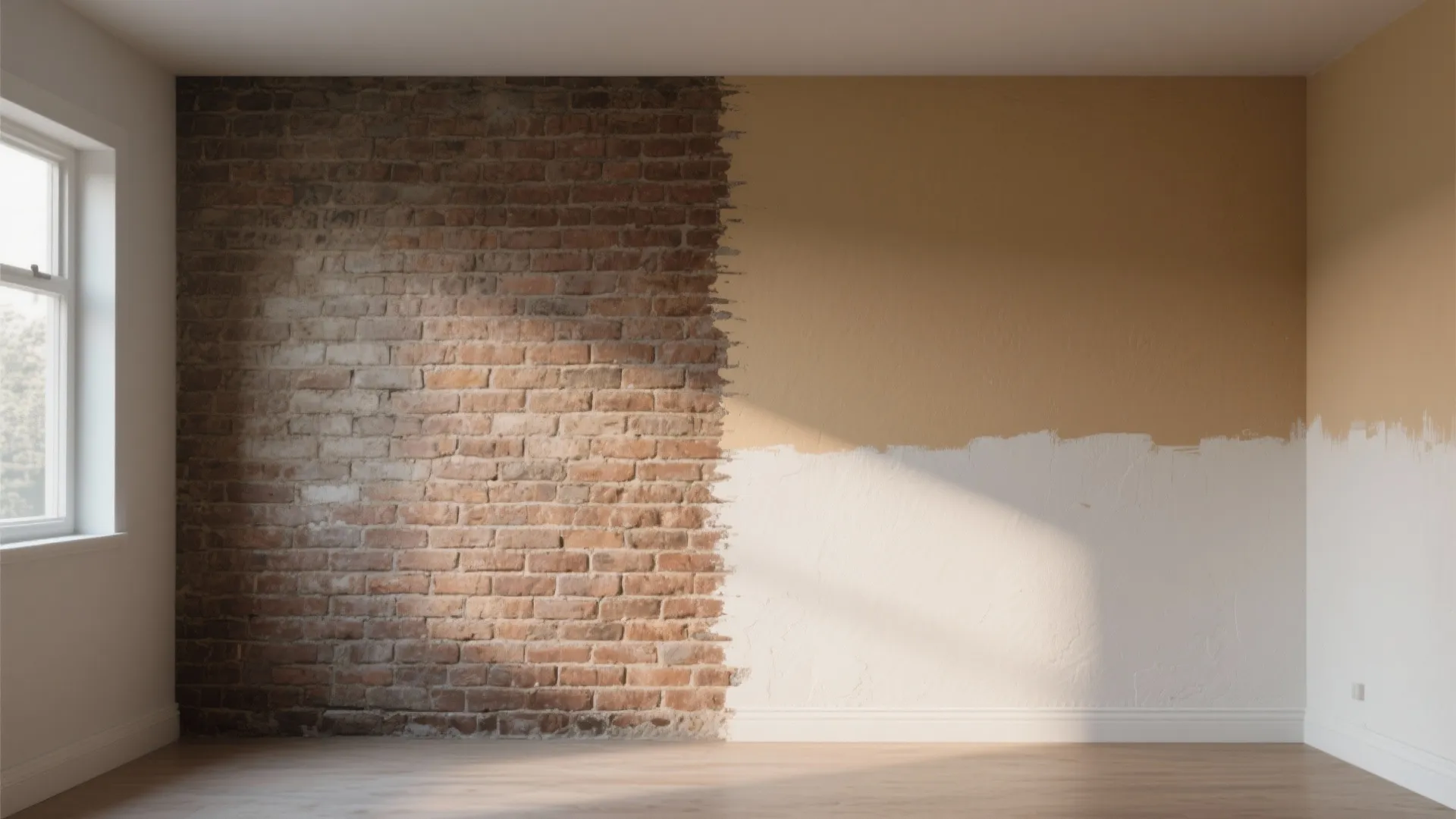 Empty room showing interior wall transition from red brick to tan and white painted surface