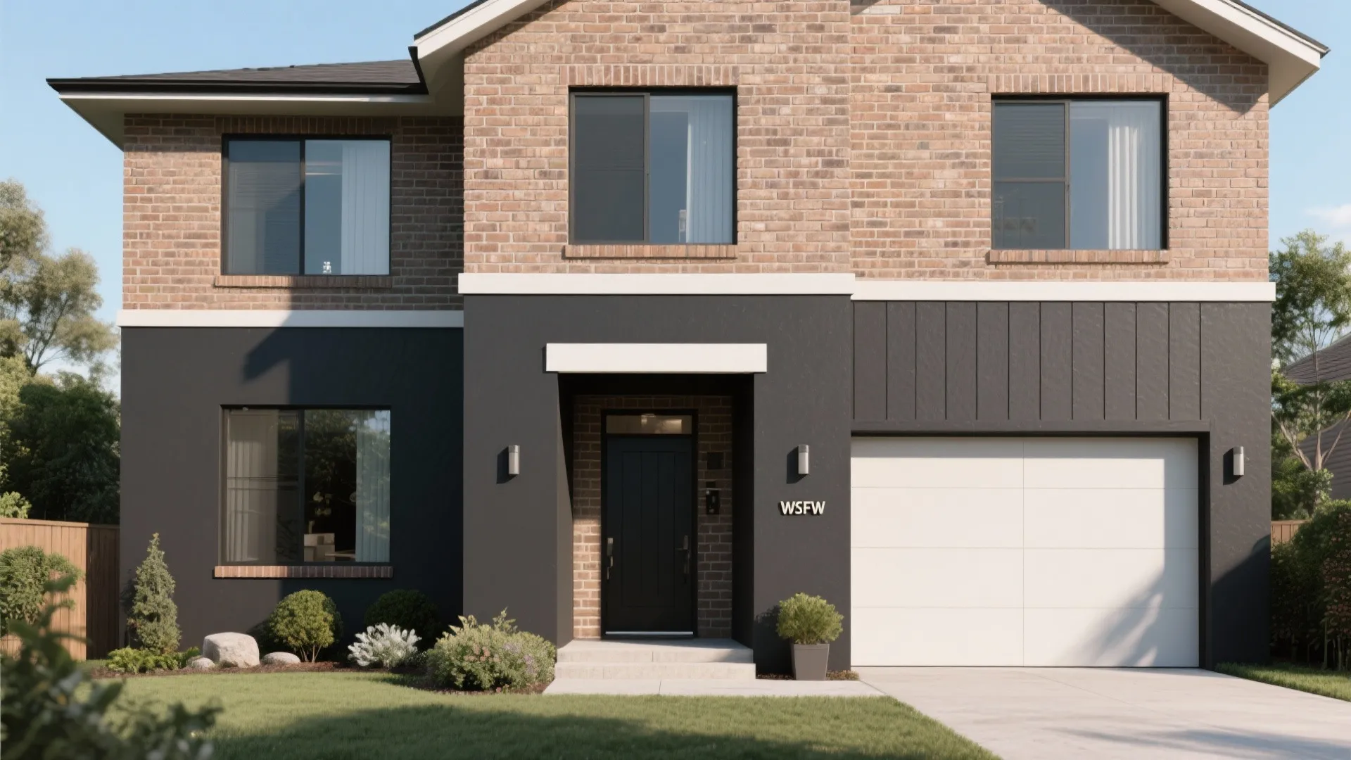 Modern two story house exterior with black paint on bottom and red bricks on the top