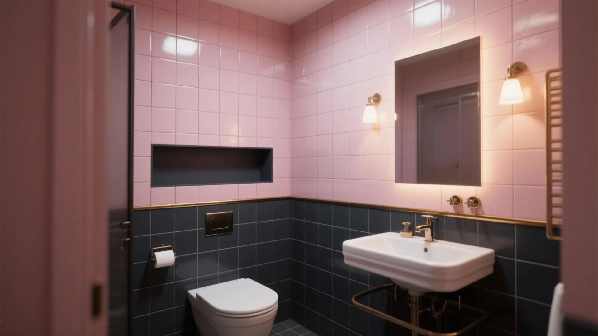 Small ensuite with the lower half of tiles painted charcoal and original upper tiles kept, creating a boutique look.