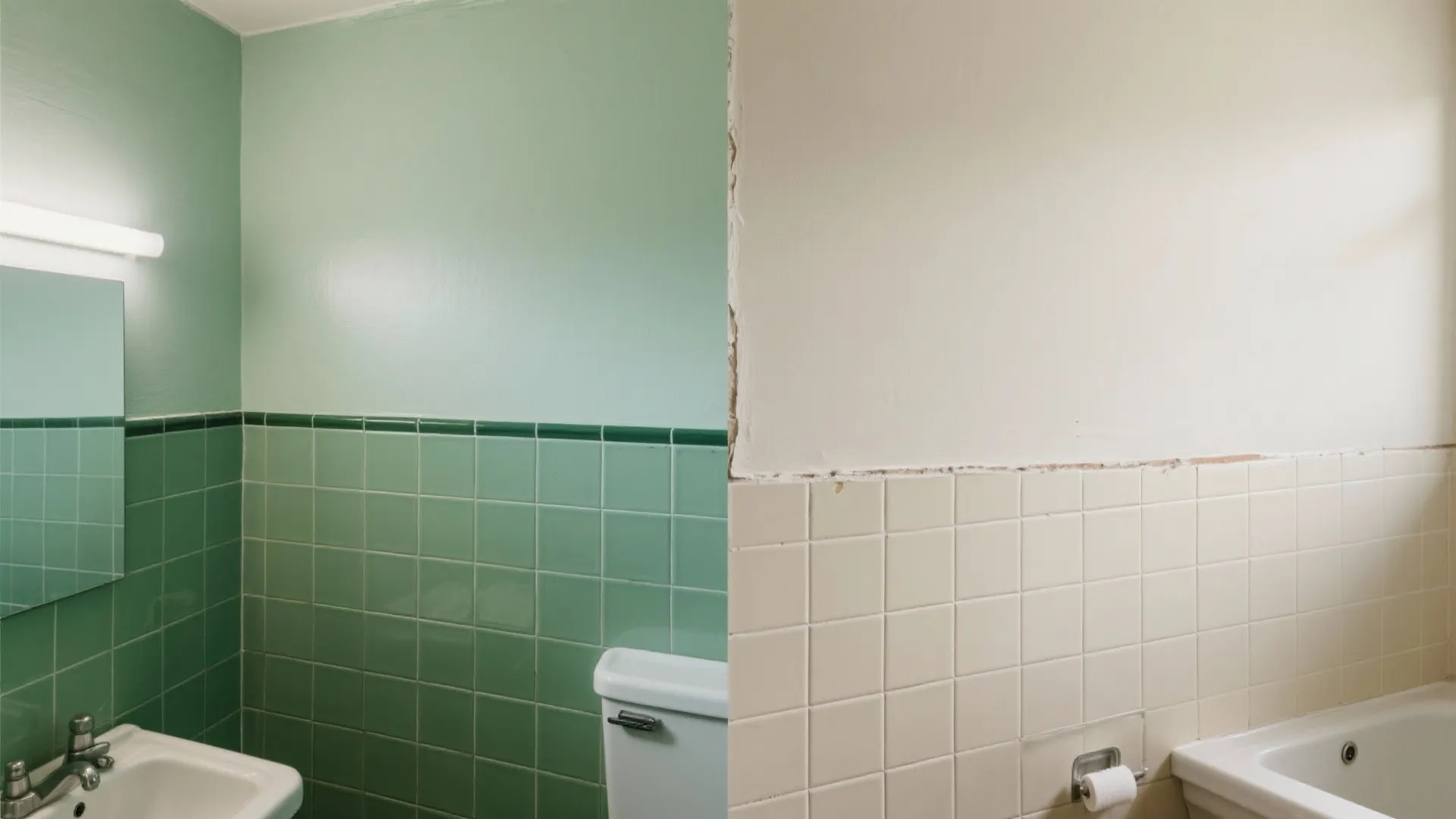 Before and after comparison of green painted bathroom walls versus original beige tiles and wall