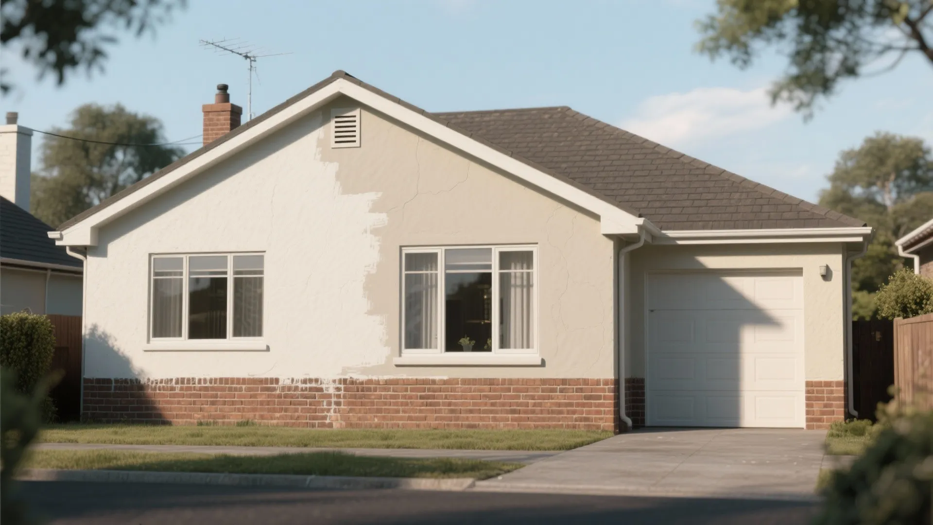 Bungalow with painted upper facade and original exposed brick base, showing partial painting contrast.