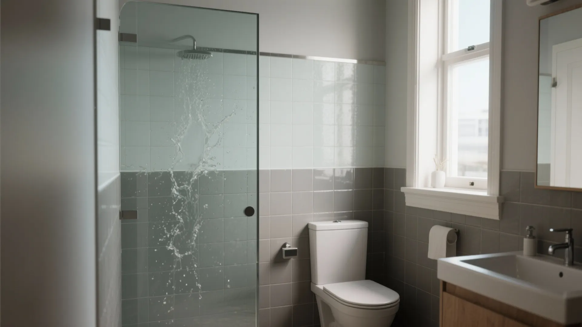 Small bathroom with a partial glass panel above a half-wall to block spray and open sight lines.