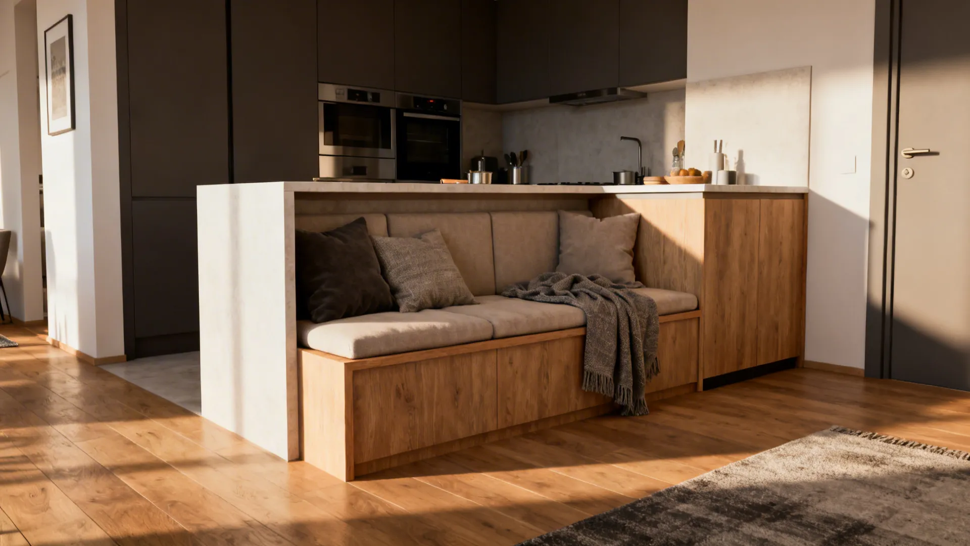 Half wall with built-in banquette separating kitchen edge and living area in a studio