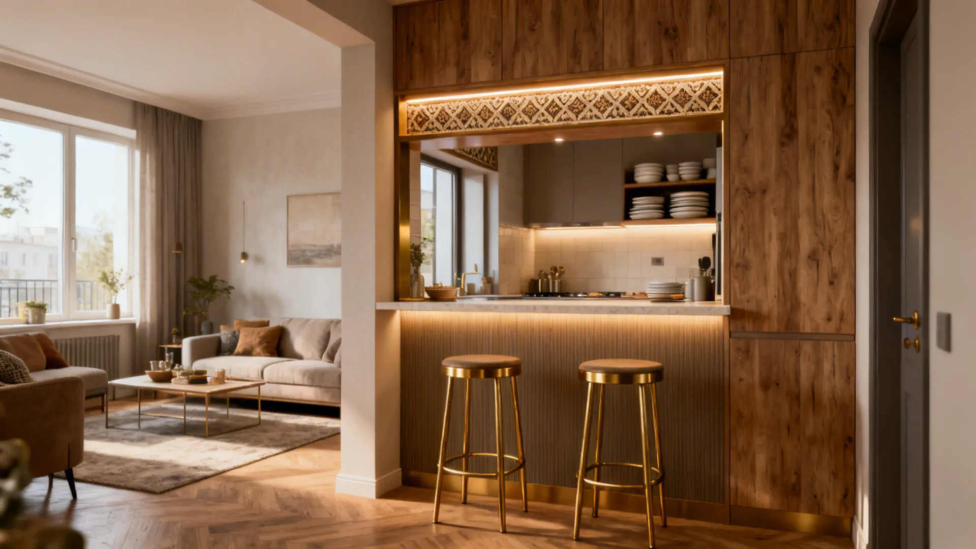 Compact apartment with a partial pass-through and breakfast bar connecting kitchen and living room