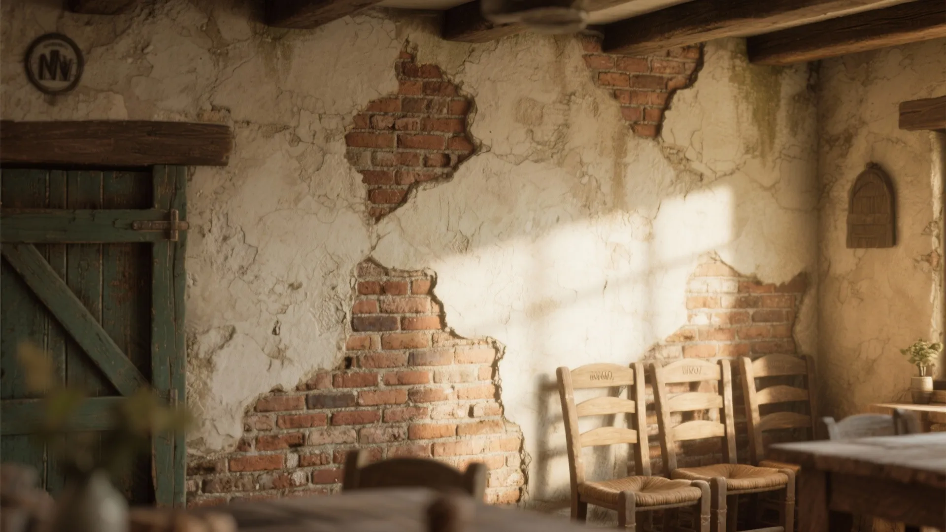Partial plaster overlay on brick wall with rustic charm