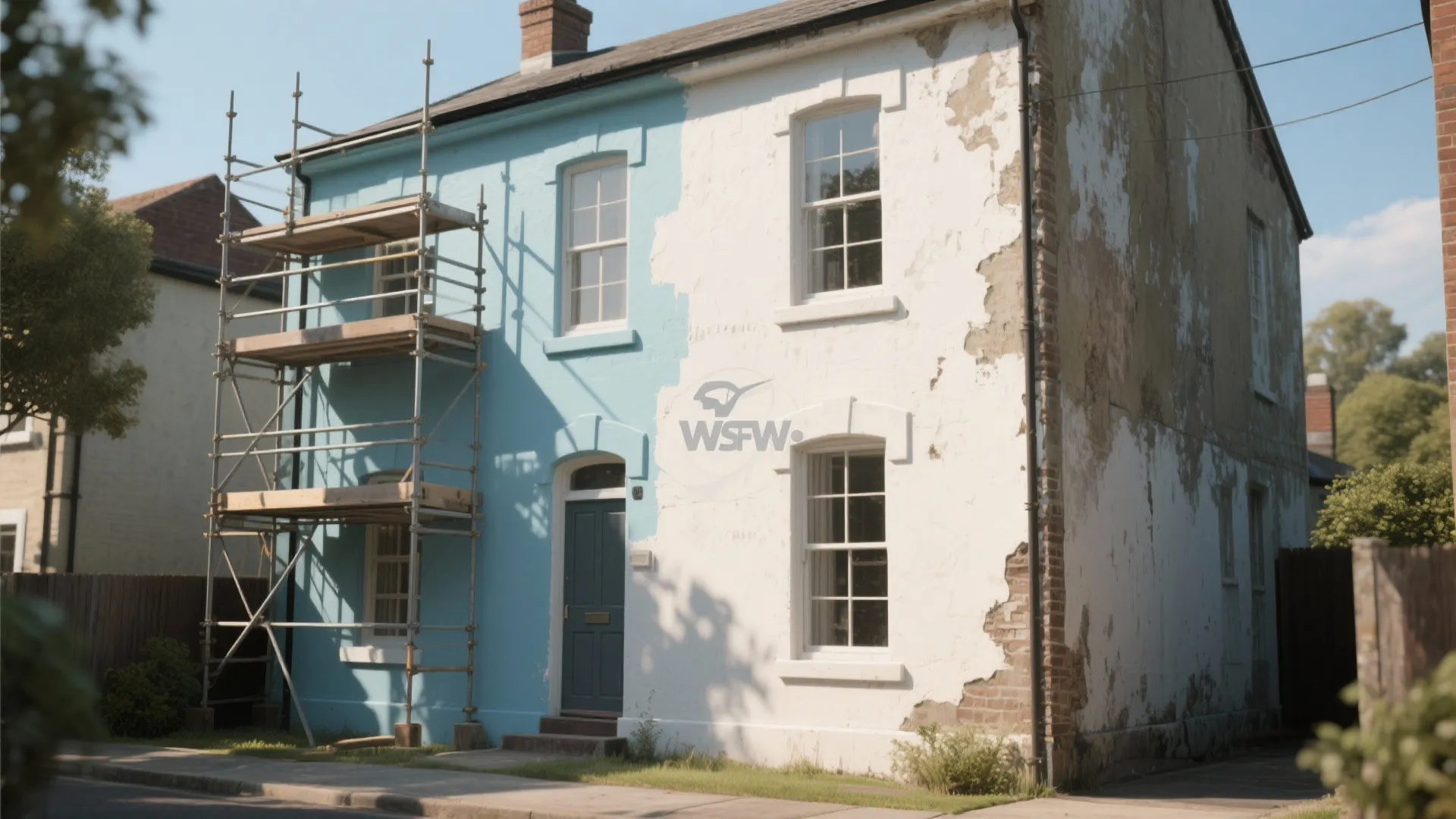 House showing a targeted repaint on the front and sun-exposed walls with other areas left for later.