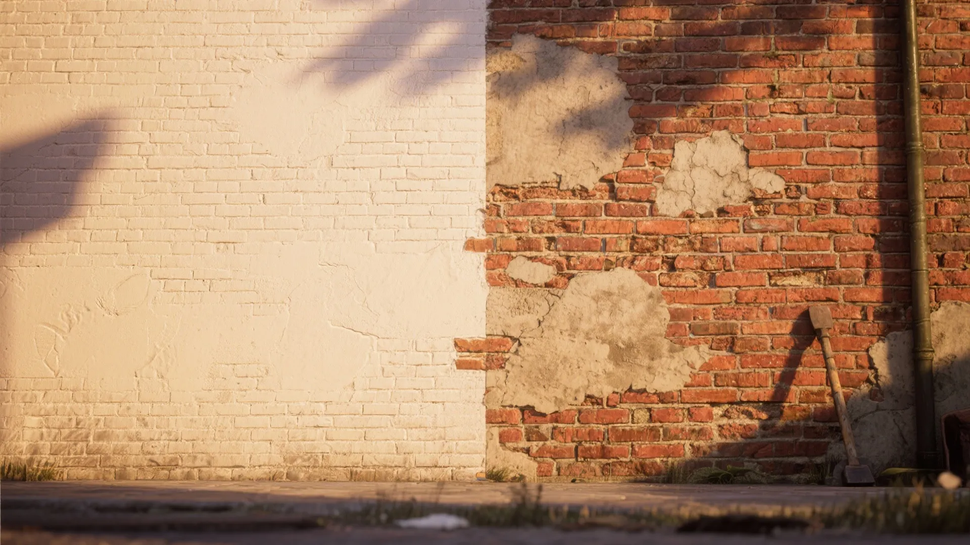 Exterior brick wall showing a transition between white painted sections and old red brick areas