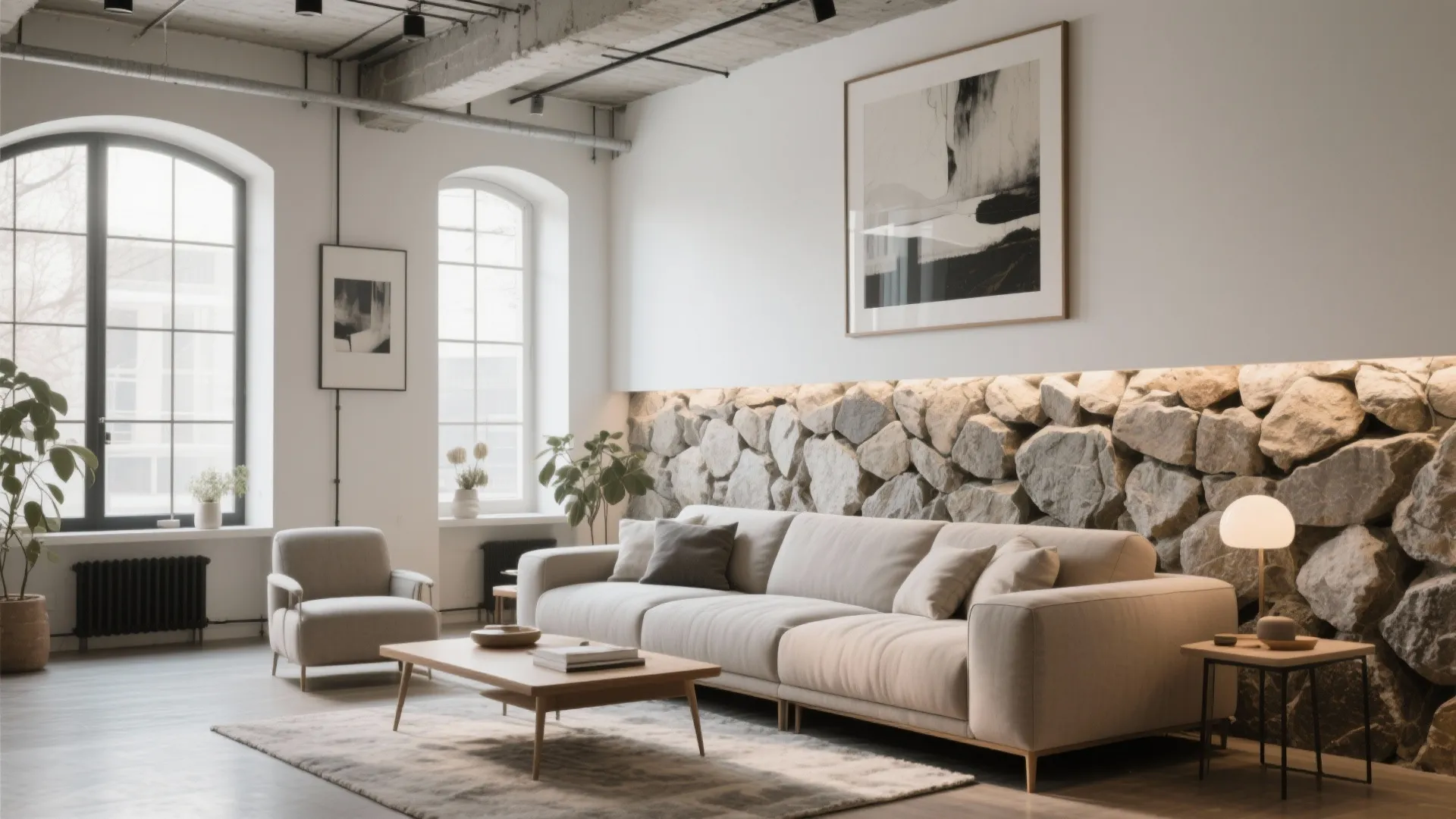 Modern living room featuring a partial stone wall panel behind a cream sofa with windows