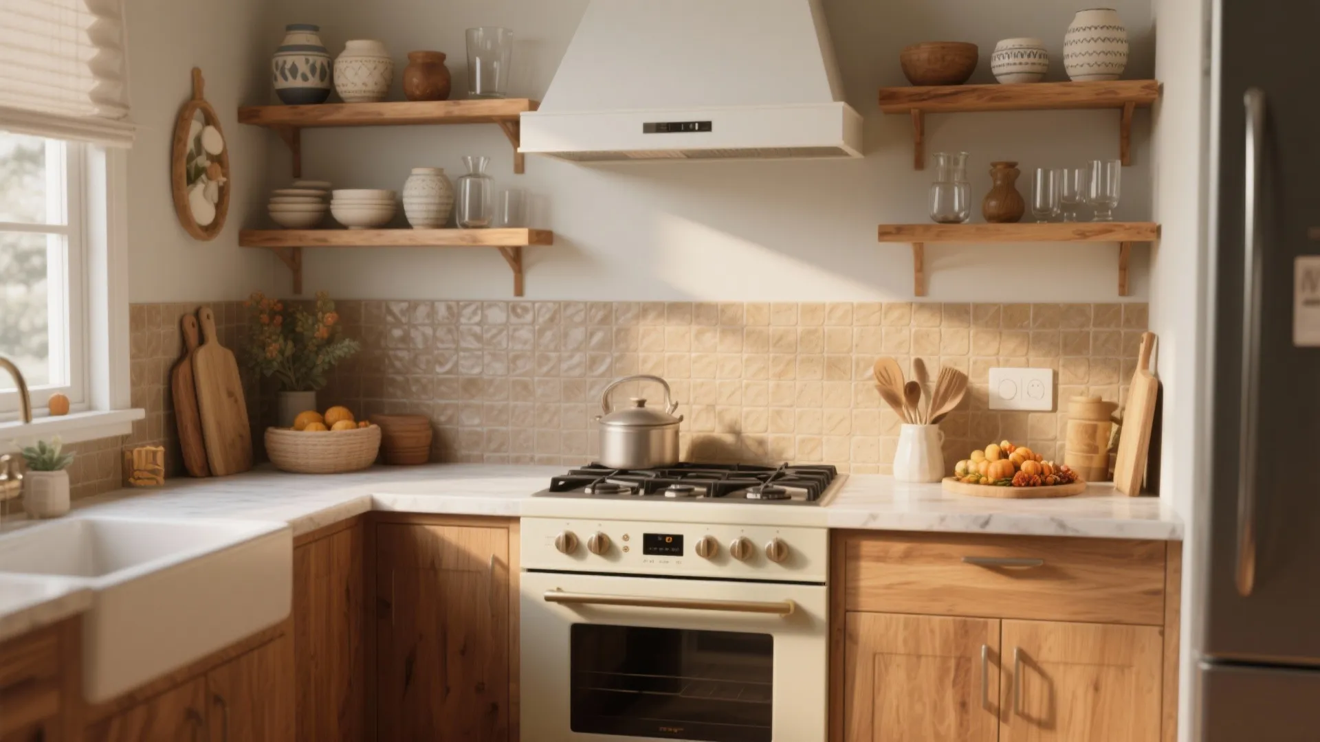 5. Partial backsplash + open shelving combo