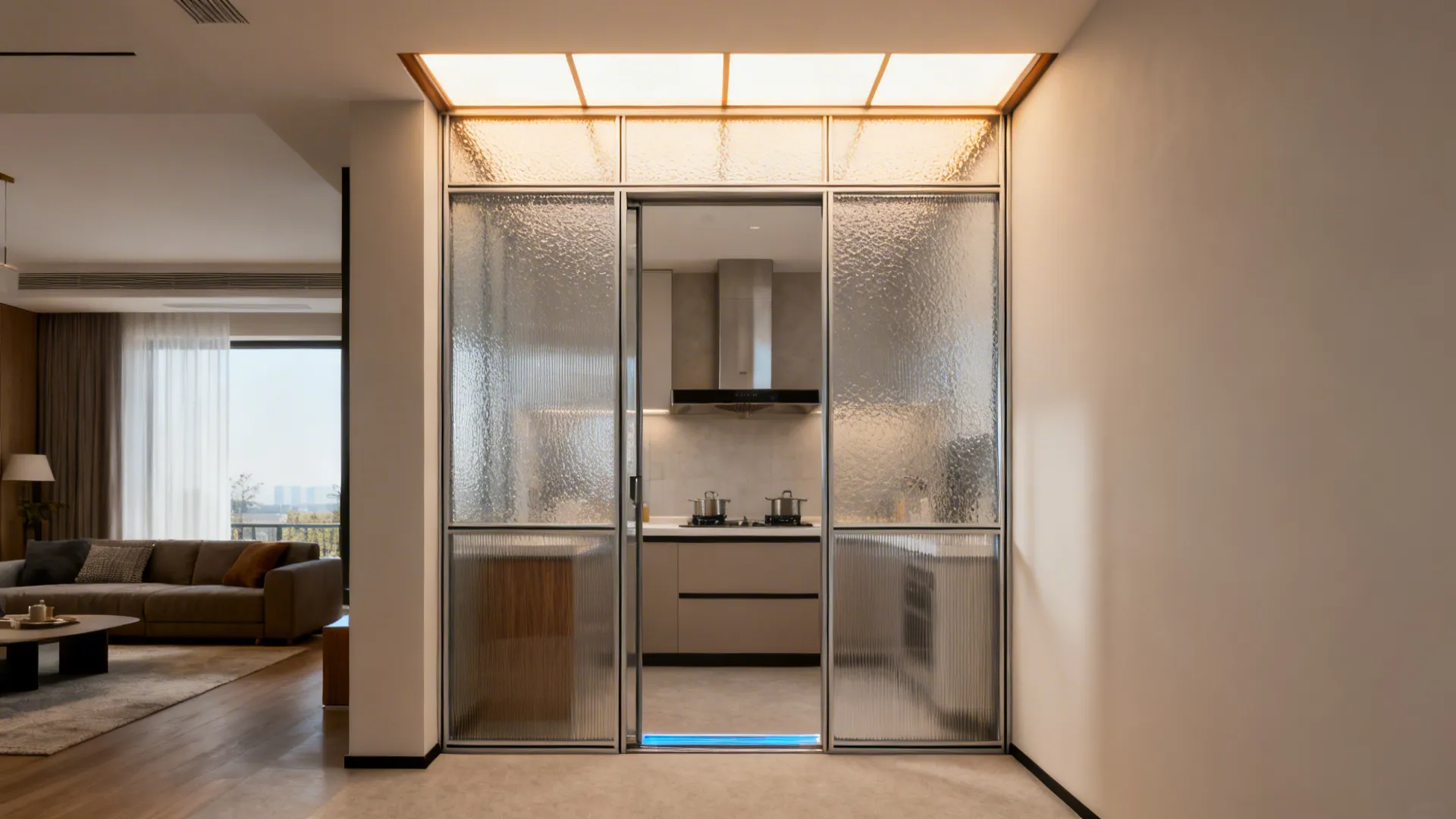 Partial vestibule with textured translucent panels at the kitchen entrance to control odors.
