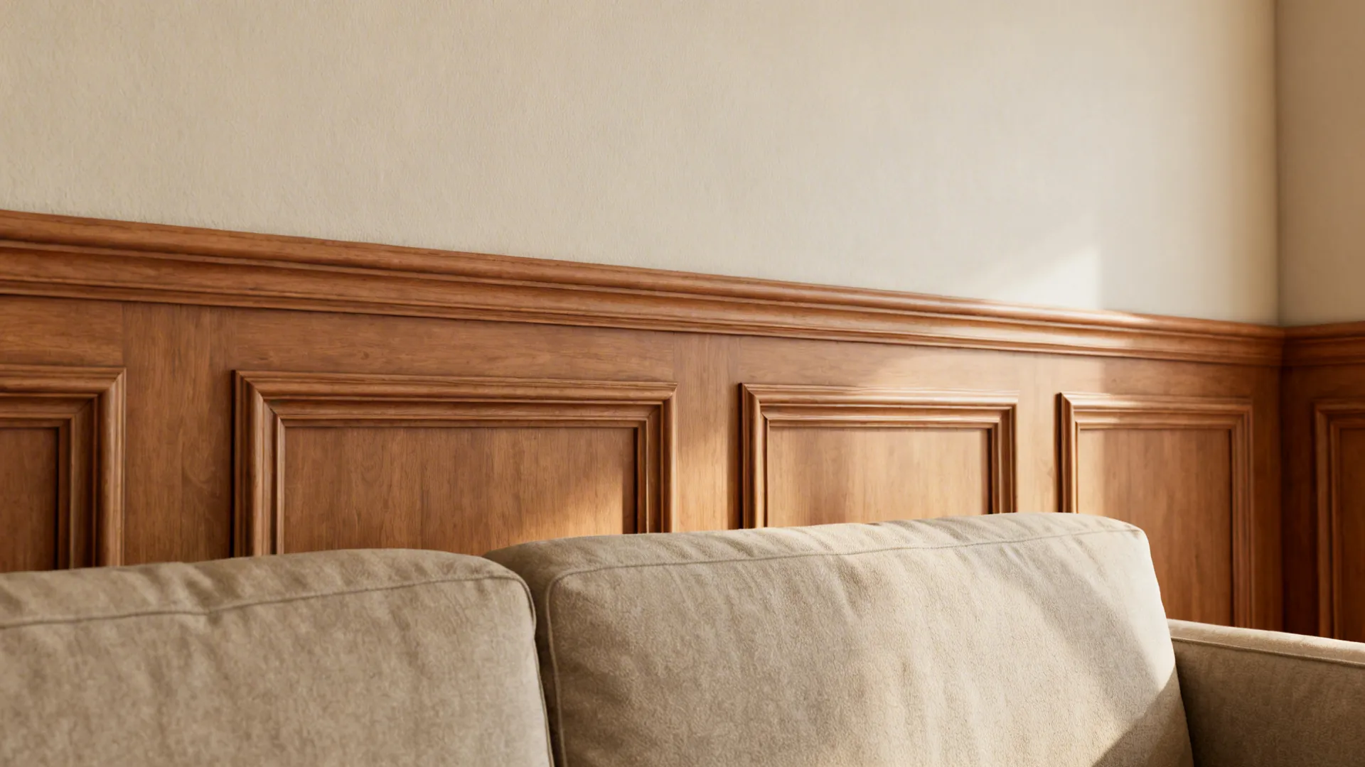 Living room with partial wood wainscoting behind a sofa for subtle warmth