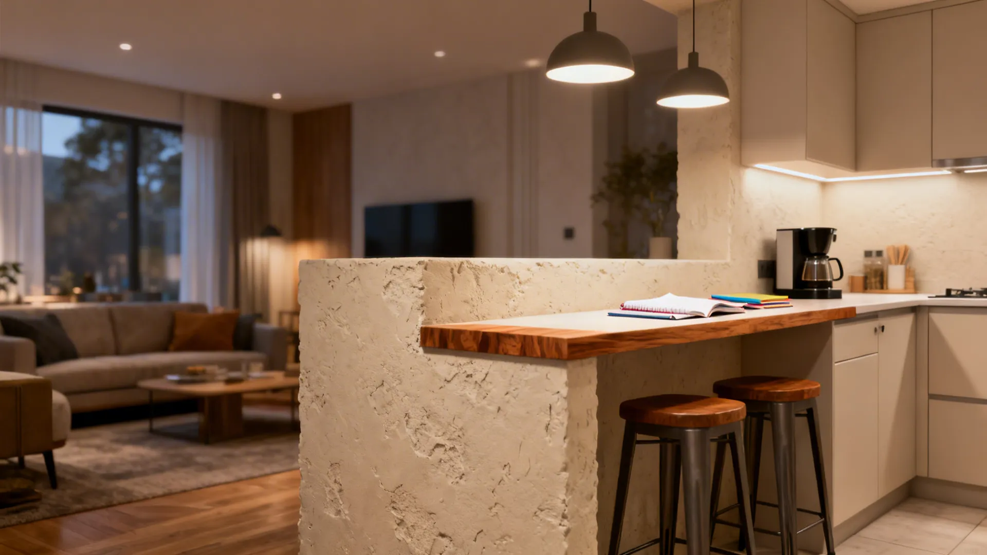 Knee-high partial wall with counter serving as a breakfast bar between kitchen and living room.