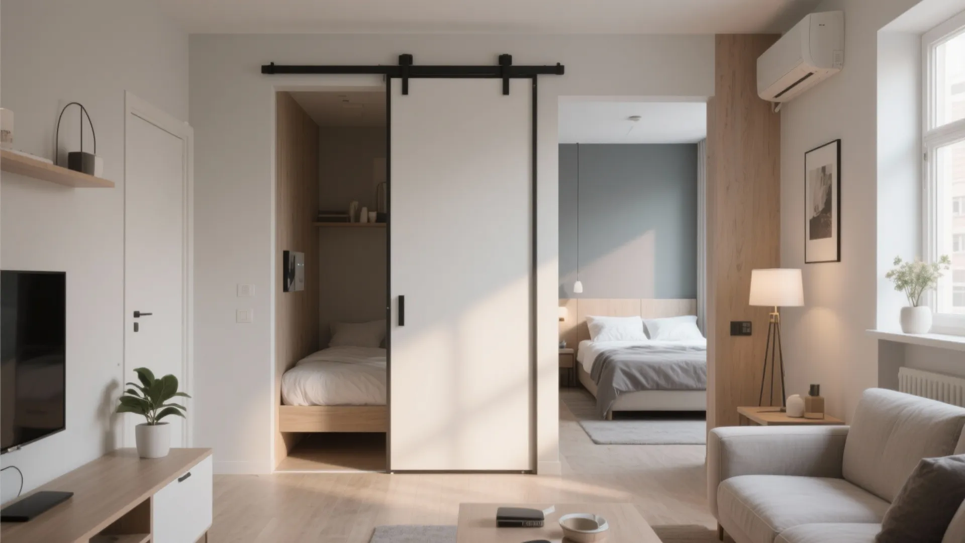 Apartment bedroom separated by partial wall with hidden sliding door