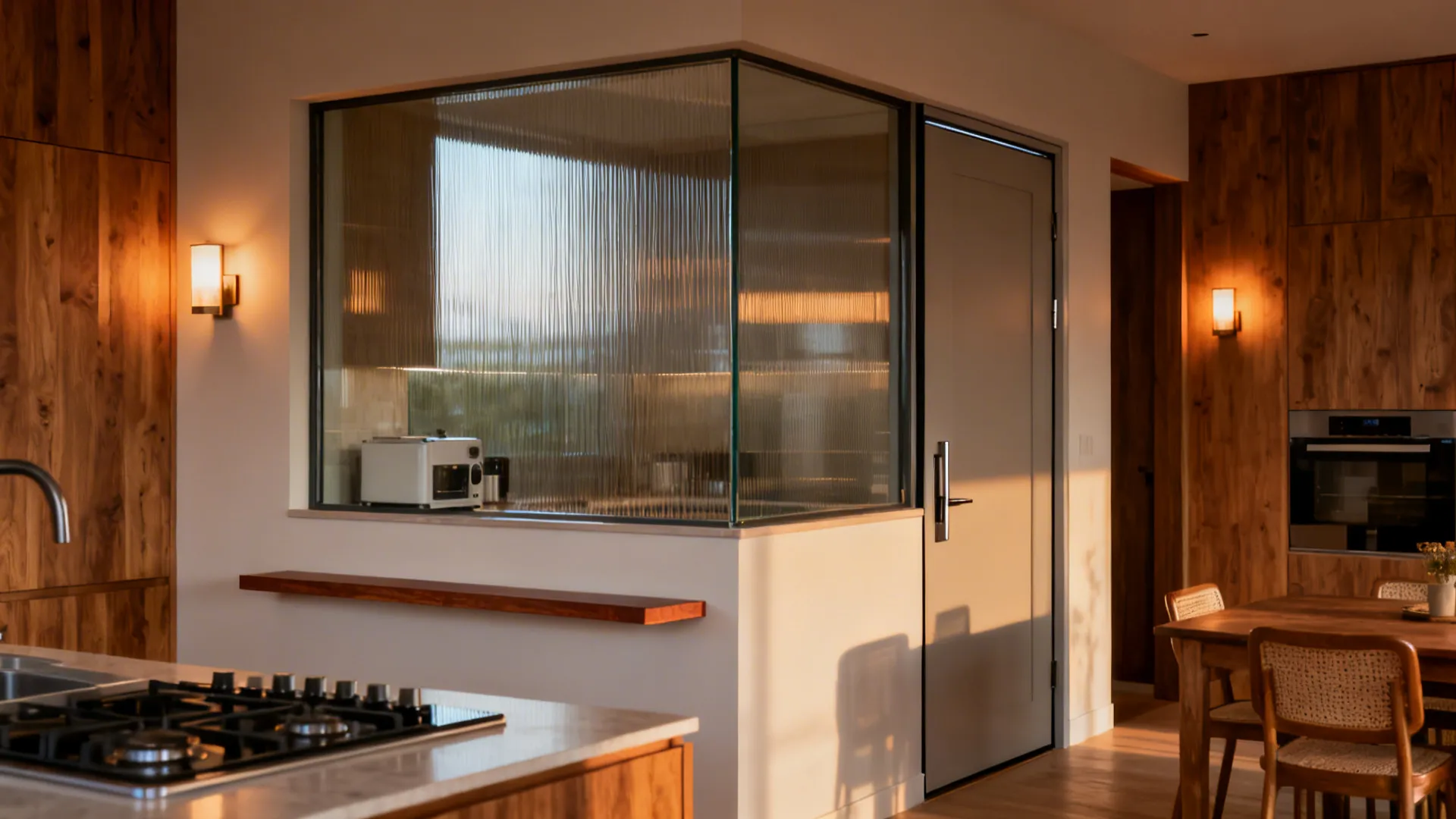 Semi-open kitchen-dining with a half wall topped with glass and a pocket door for ventilation control.