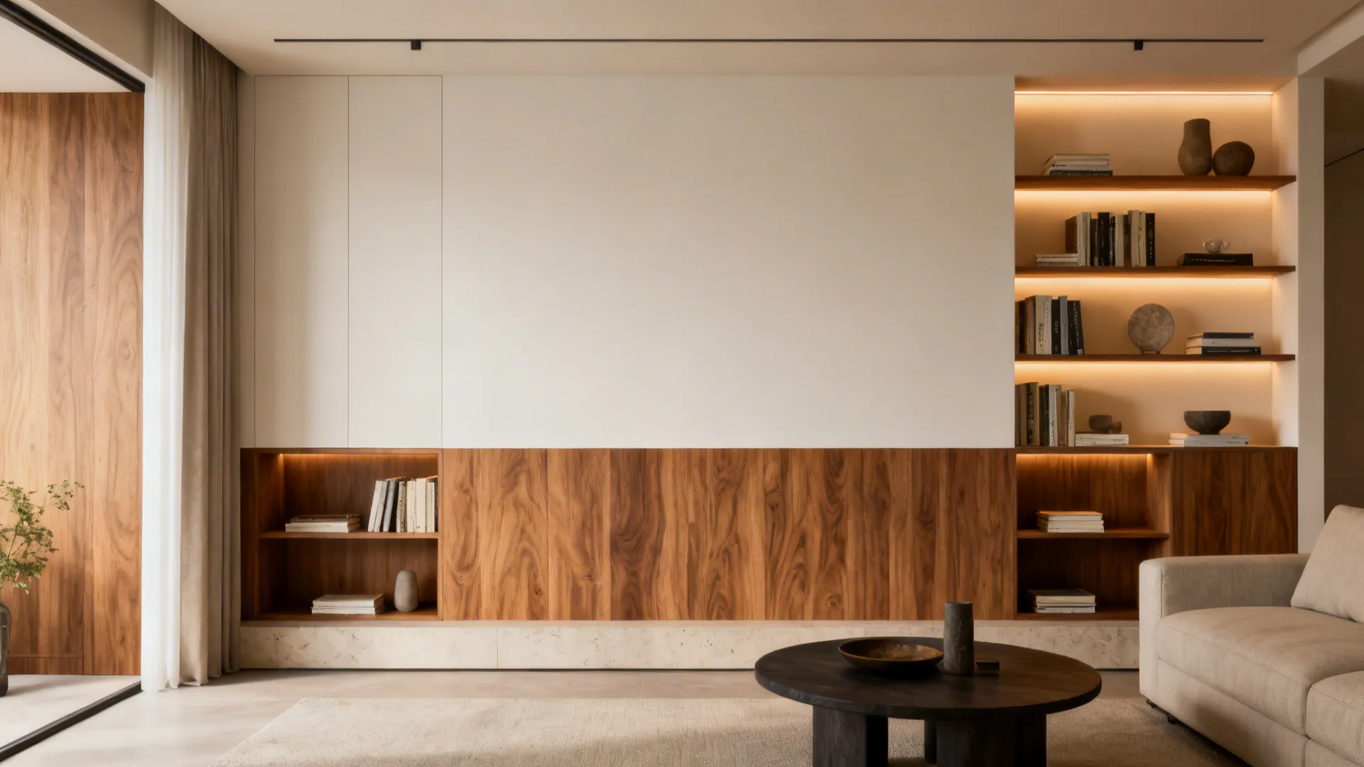 Partial wood wall with recessed shelves and warm integrated lighting in a small living room.