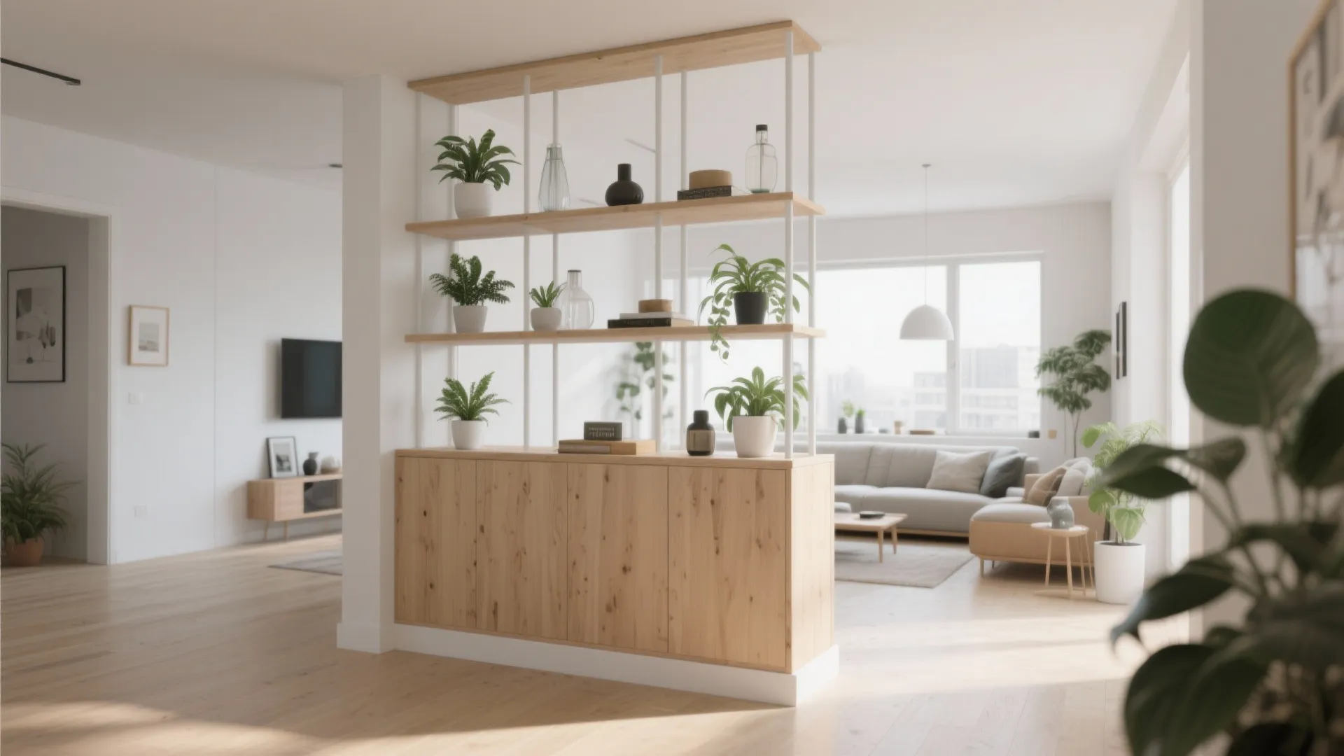 2. Use partial walls and open shelving to define zones