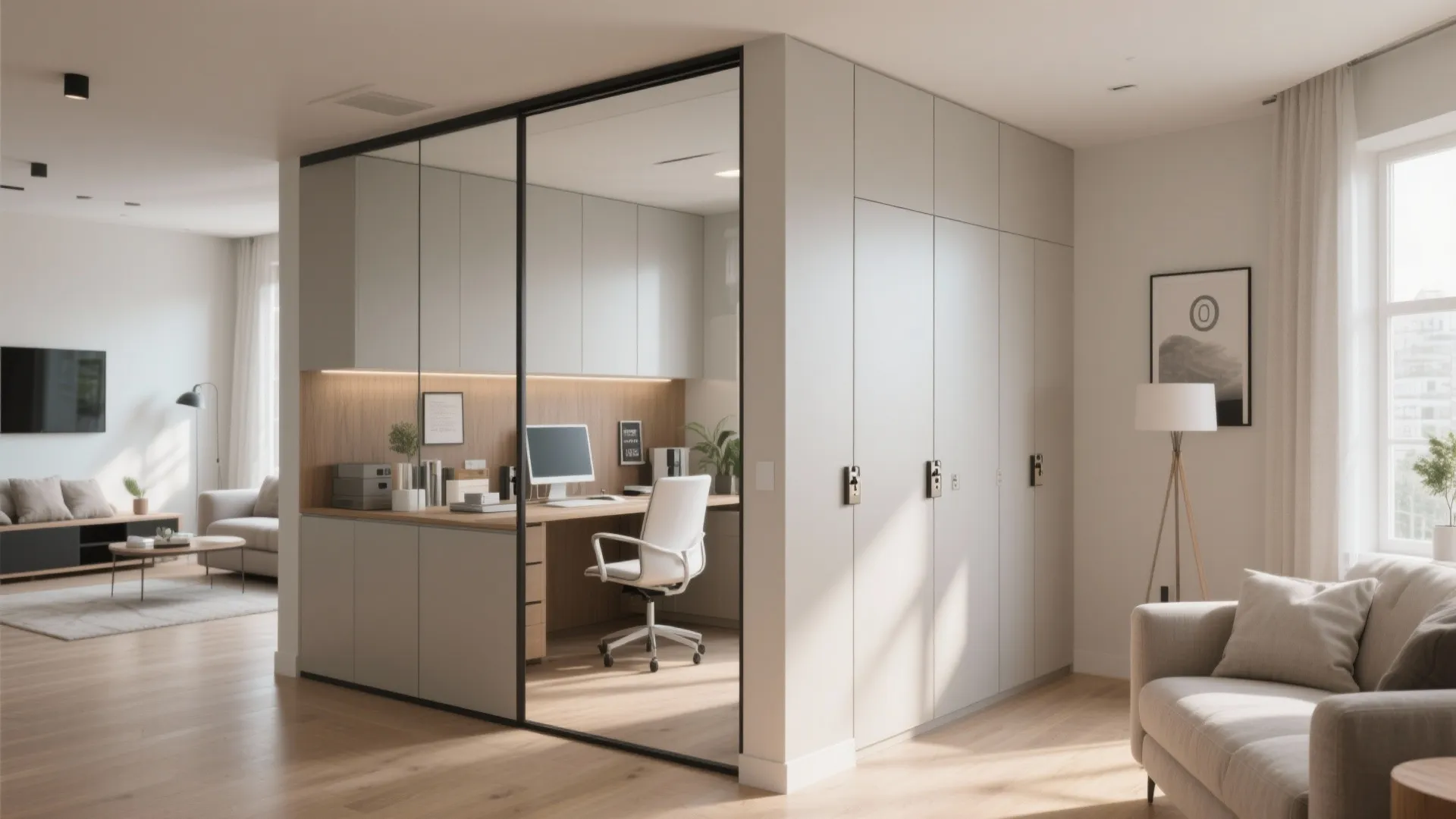Small workspace inside a room layout with white storage cabinet desk and glass wall partition