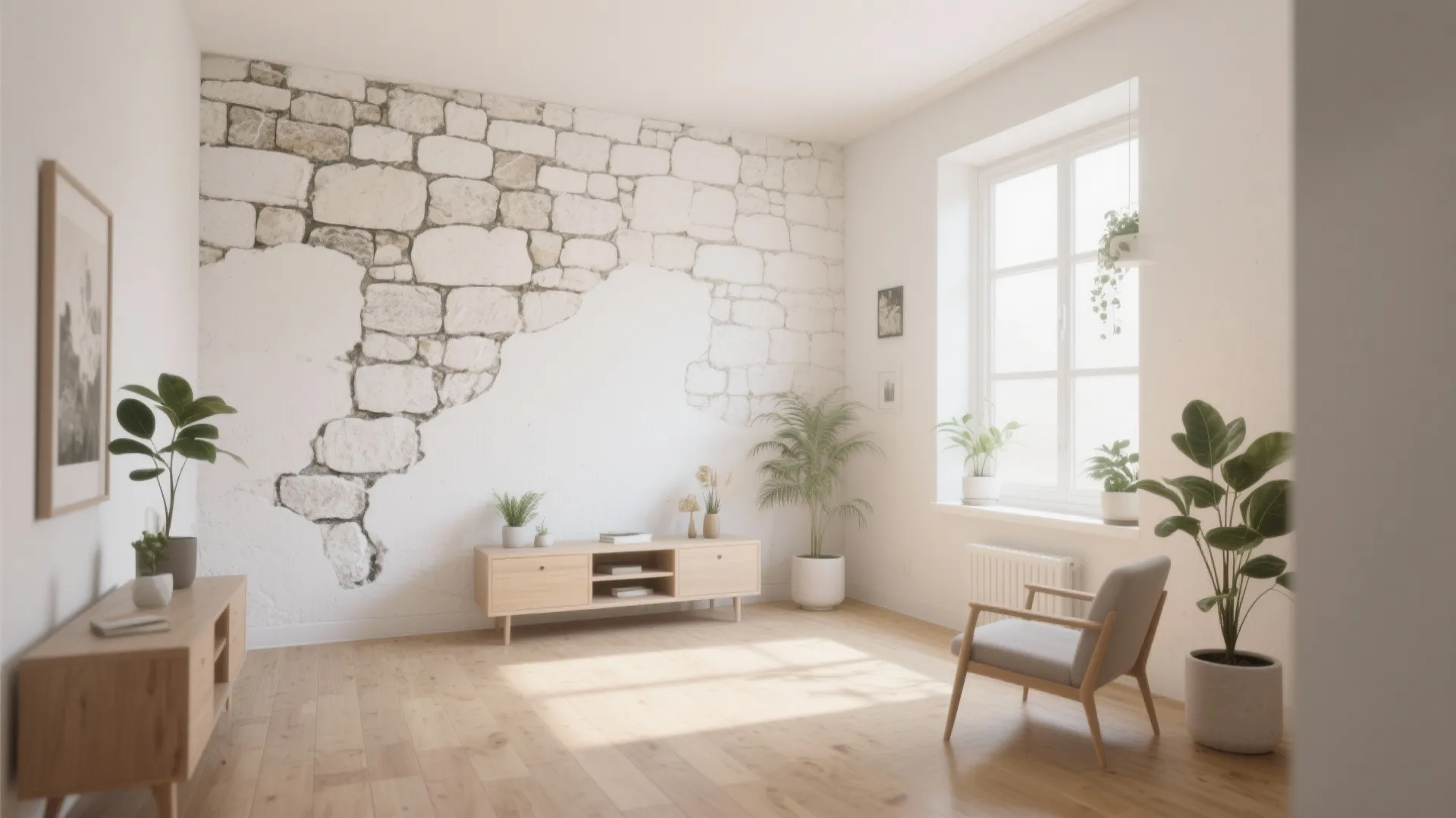 Modern living room featuring a partial stone wall panel with wooden floor and grey accent chair