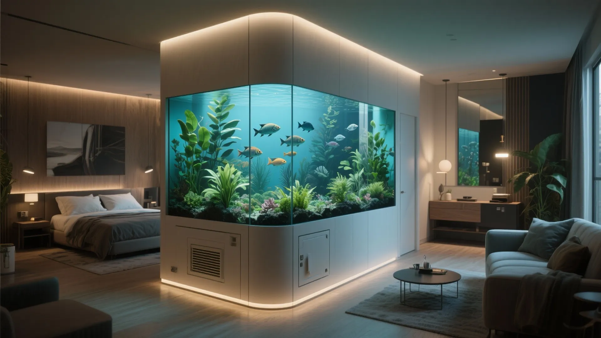 Tall partition aquarium separating a studio bedroom and living area with lush plants and structural support.