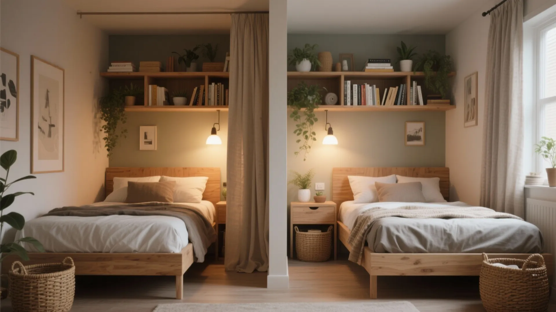 Shared bedroom with two twin beds separated by a middle wall and beige privacy curtain