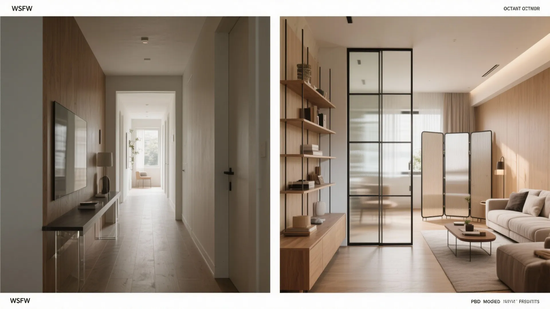 Split view showing a narrow hallway next to a living room with glass door partition