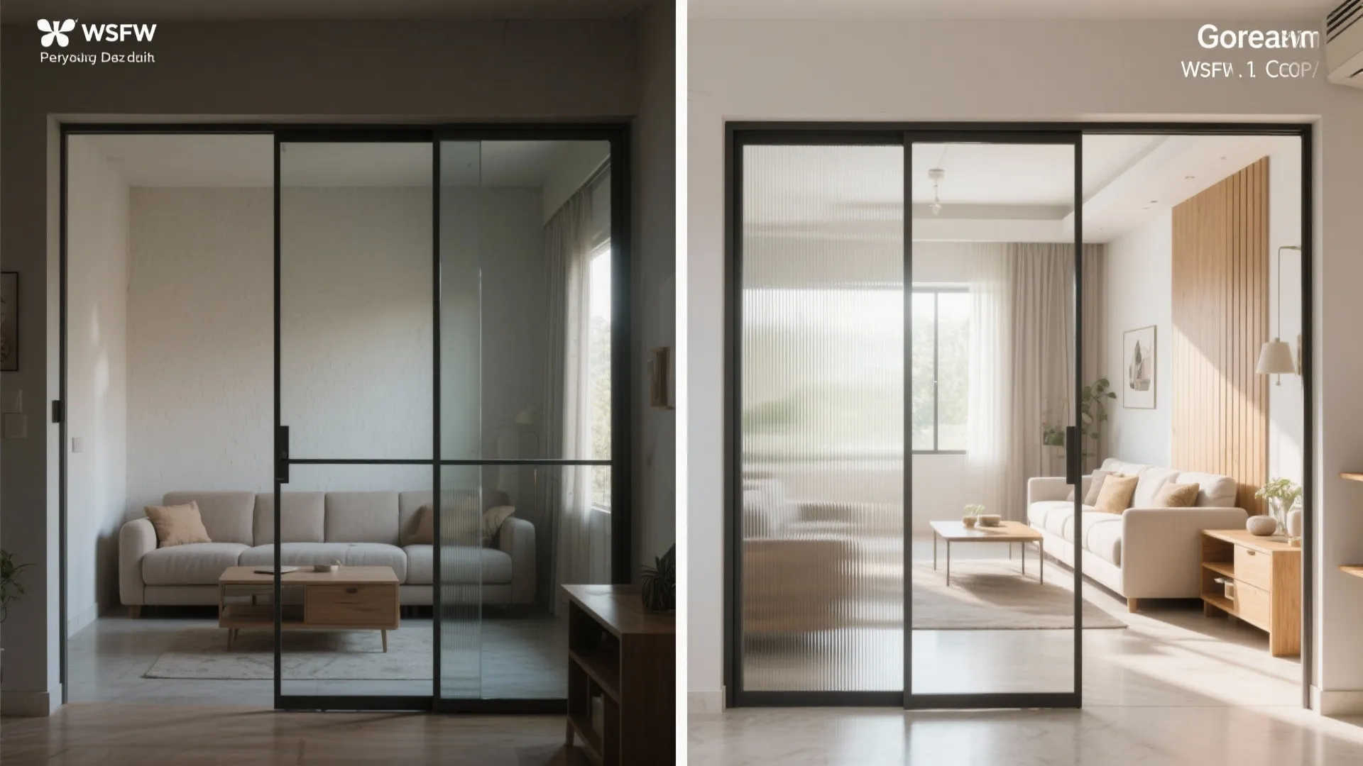 Before and after comparison of living room lighting using different glass sliding door room dividers