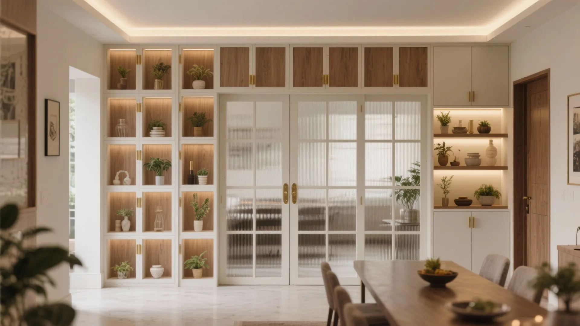Dining room with wooden table glass sliding doors and white wall cabinet displaying small green plants