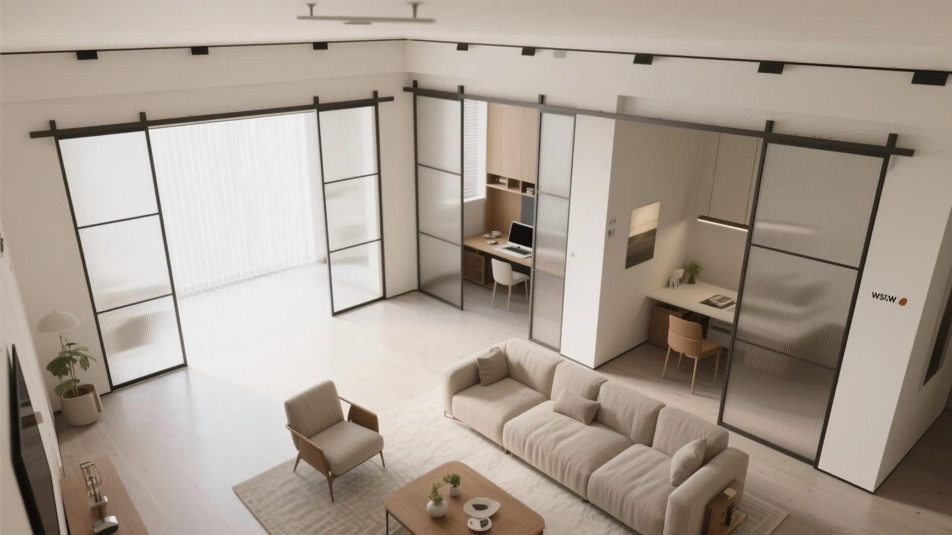 2) Flexible living-dining with sliding partitions