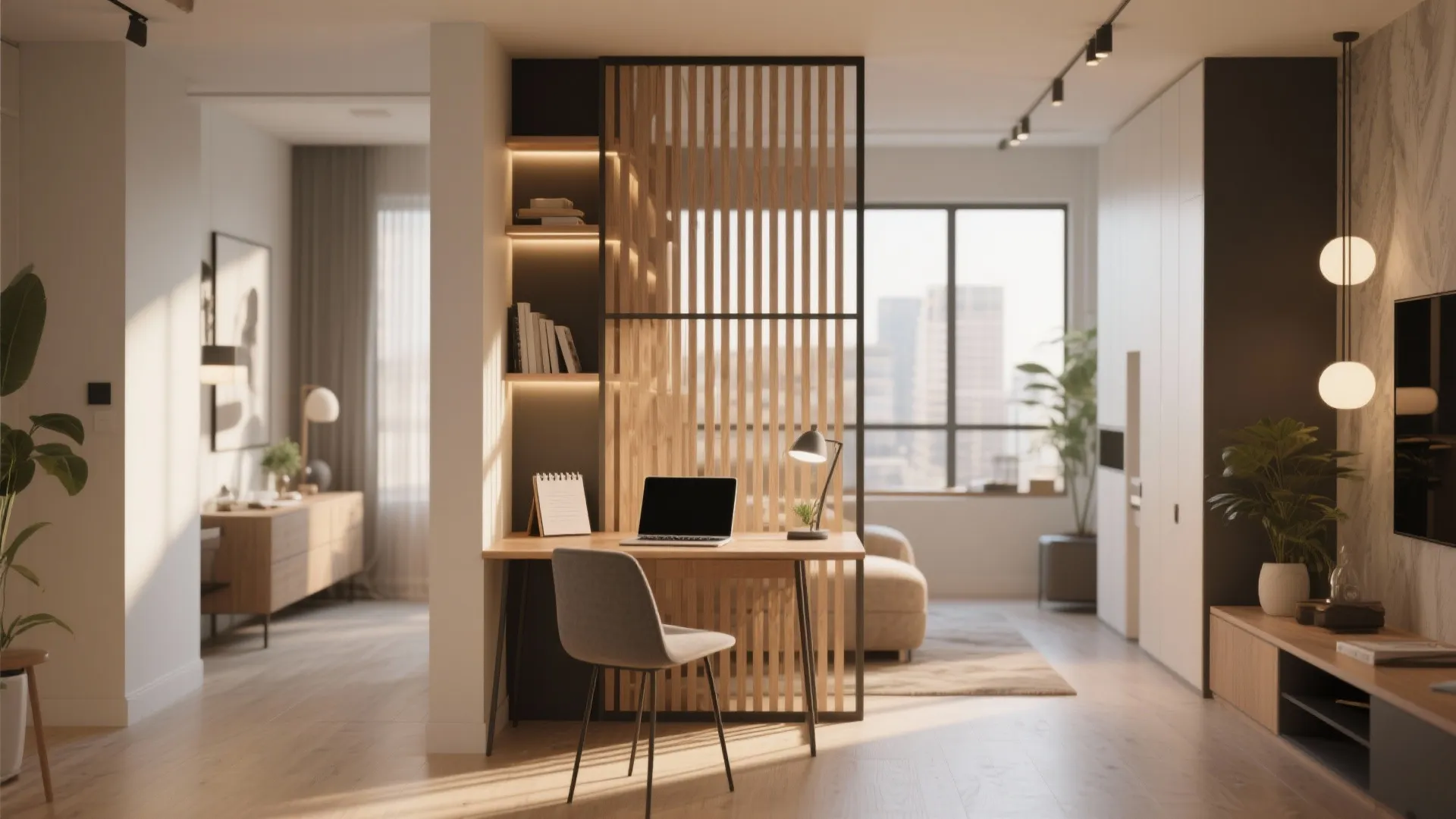 Modern home office with wooden desk, laptop, grey chair, and slat partition wall in room