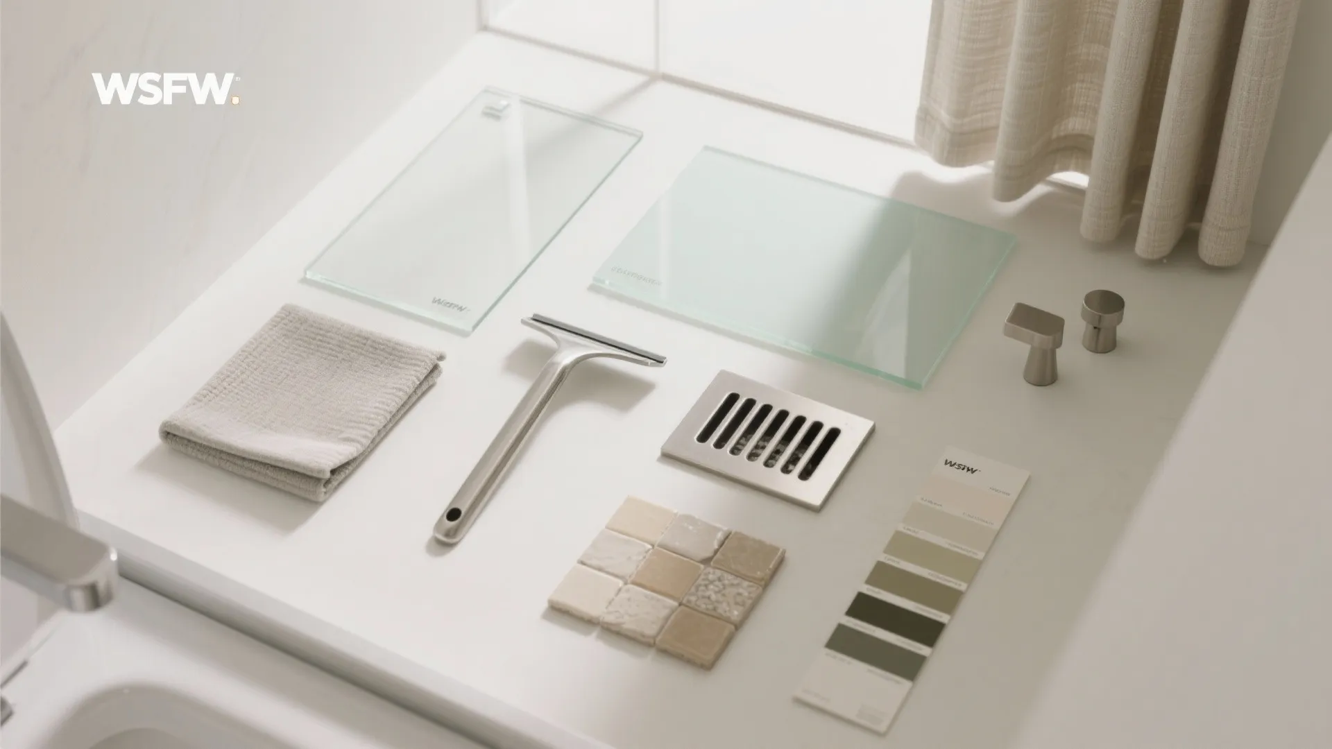 Selection of bathroom hardware glass panels floor tiles and color samples on a white surface