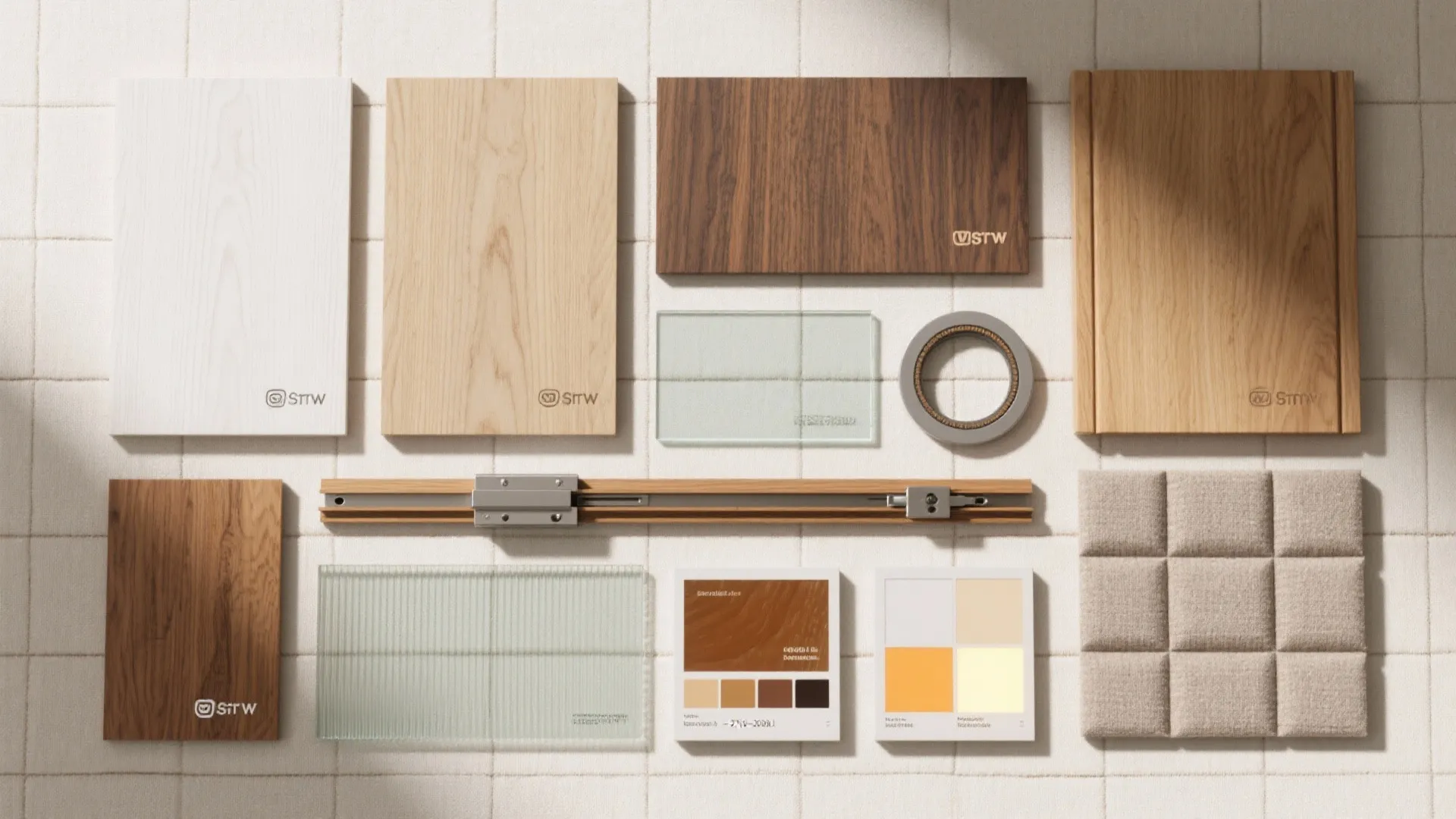 Flat lay of wood species, reeded glass, tracks, and finishes for designing wooden room partitions.