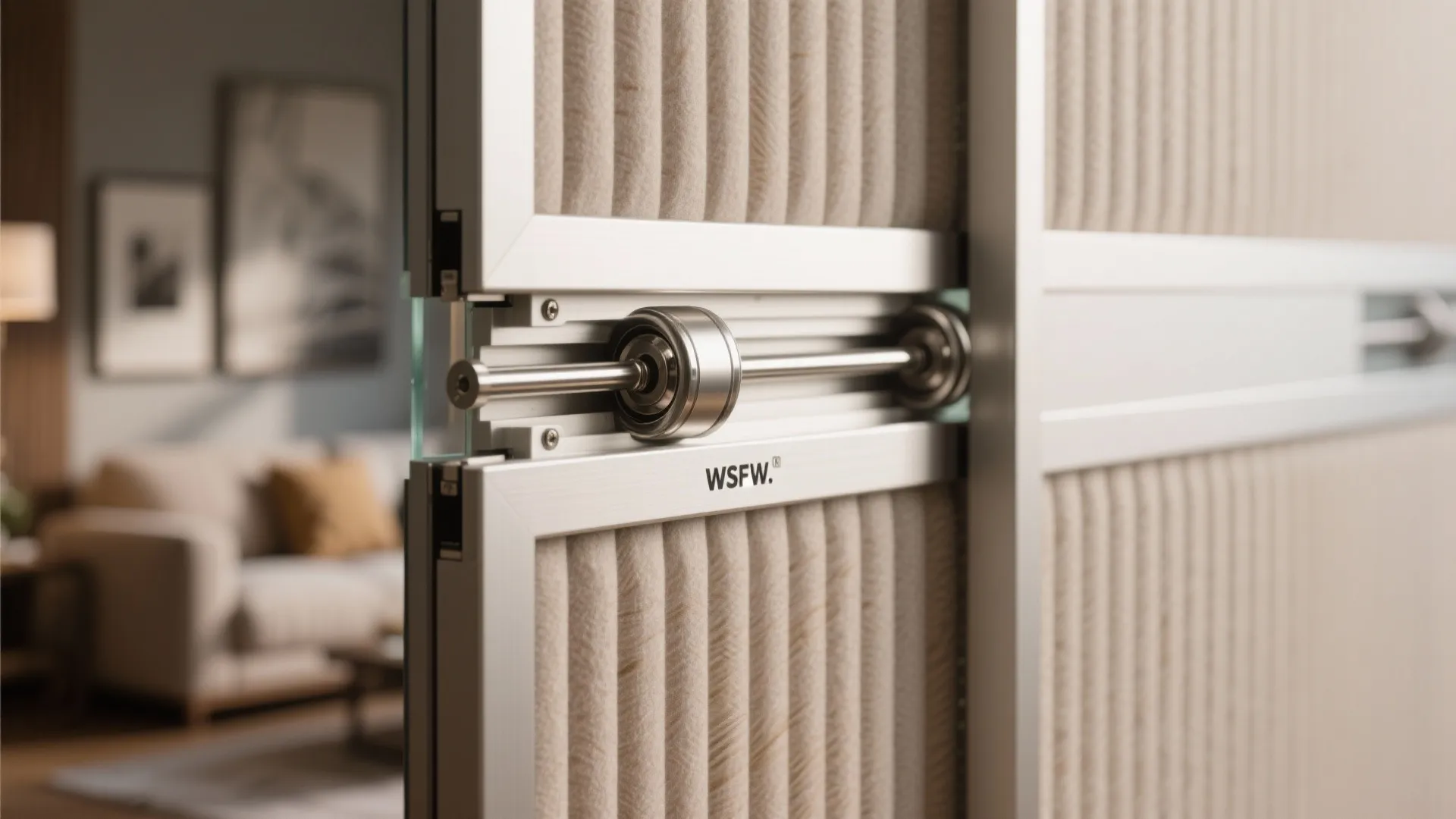 Close up of silver metal sliding door parts on a textured beige wall panel background