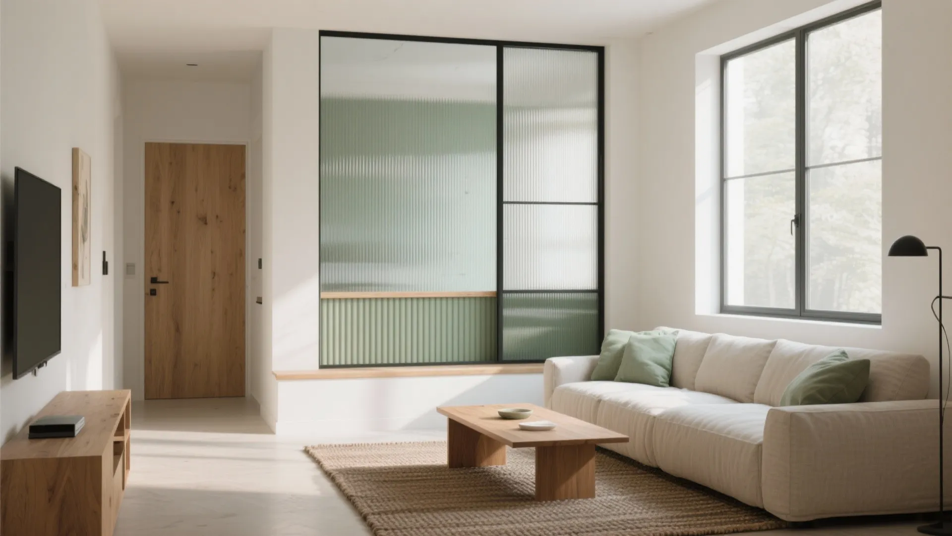 Modern living room with white sofa green pillows wood coffee table and glass wall partition design