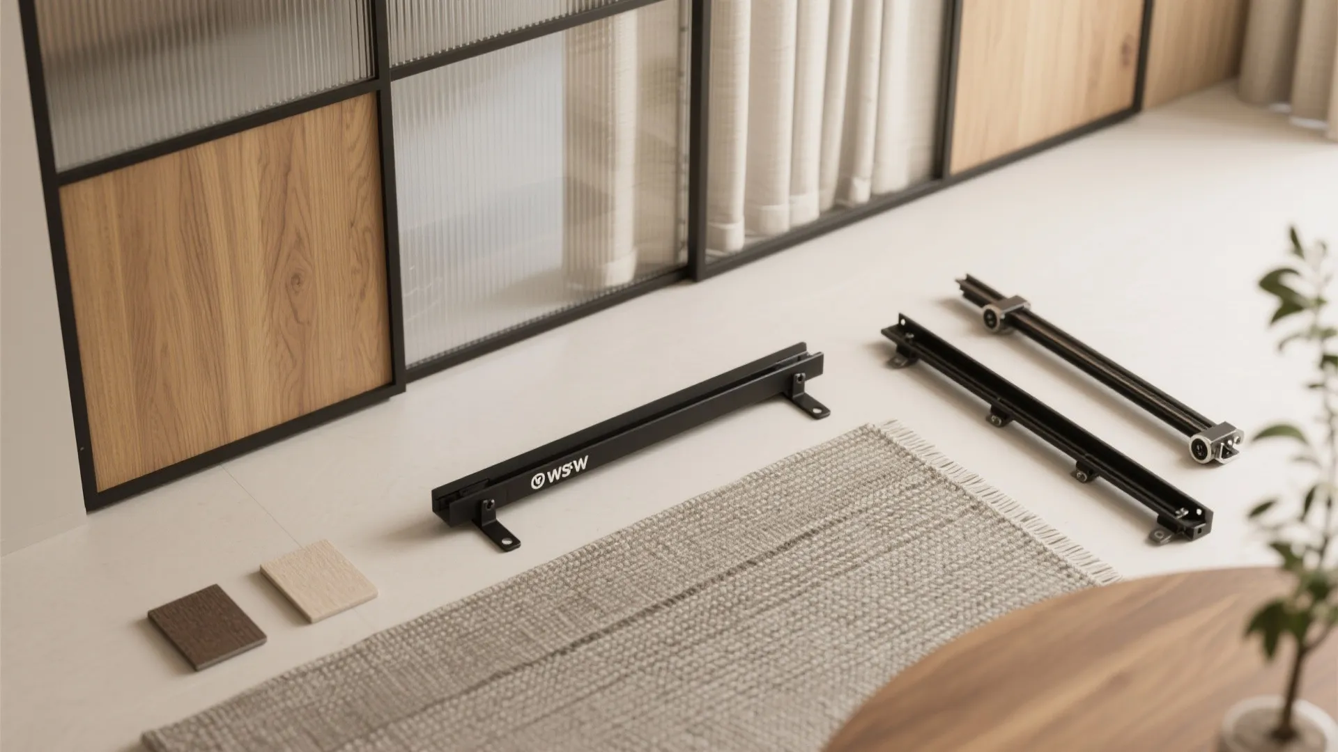 Black metal door track hardware parts laid on floor next to a grey area rug