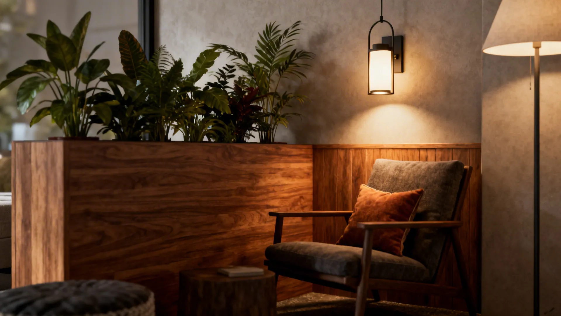 Cozy seating nook with a half-height partition, plants, and layered lighting