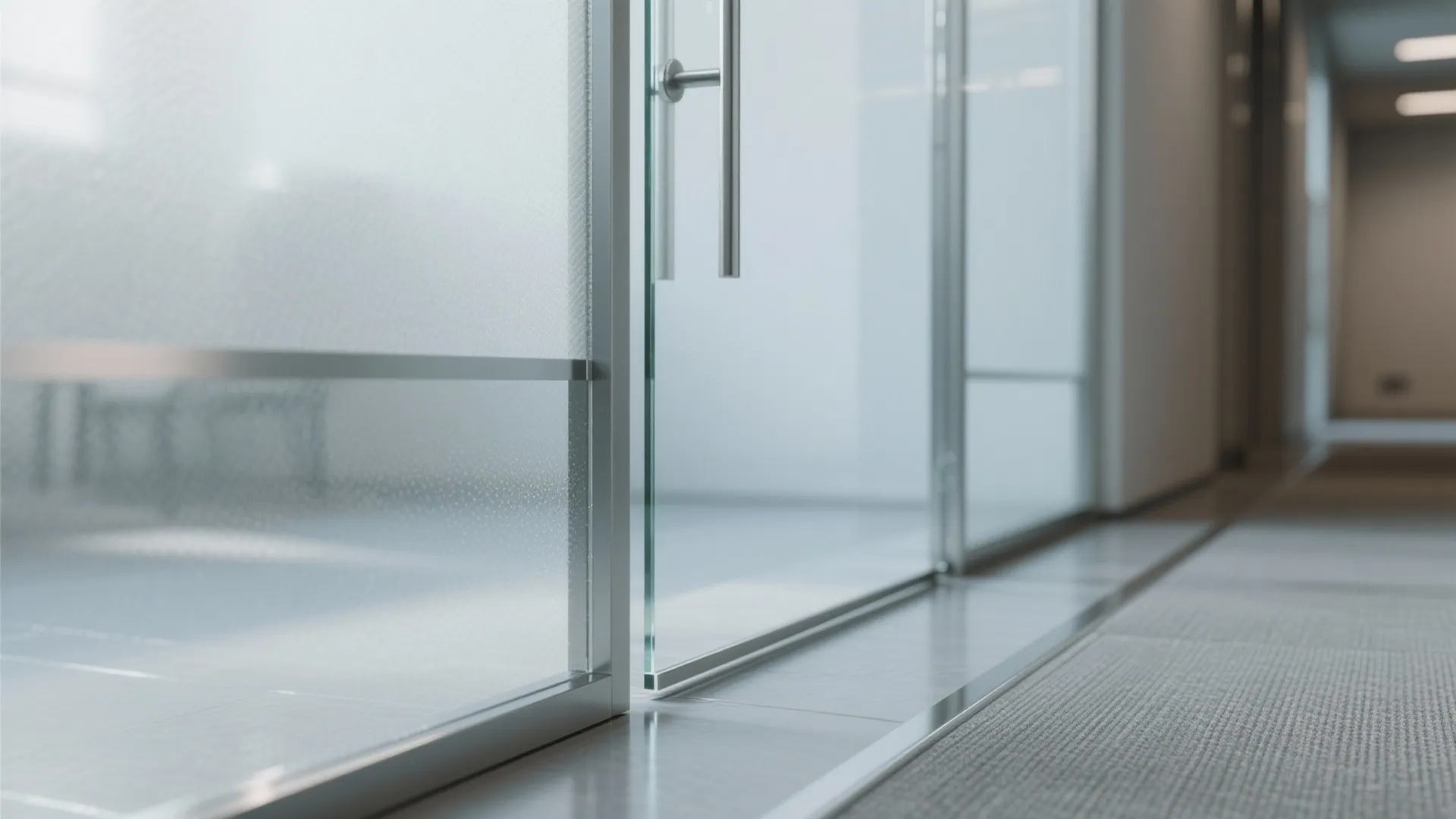 Close up of a frosted glass door with metal handle in a modern office hallway