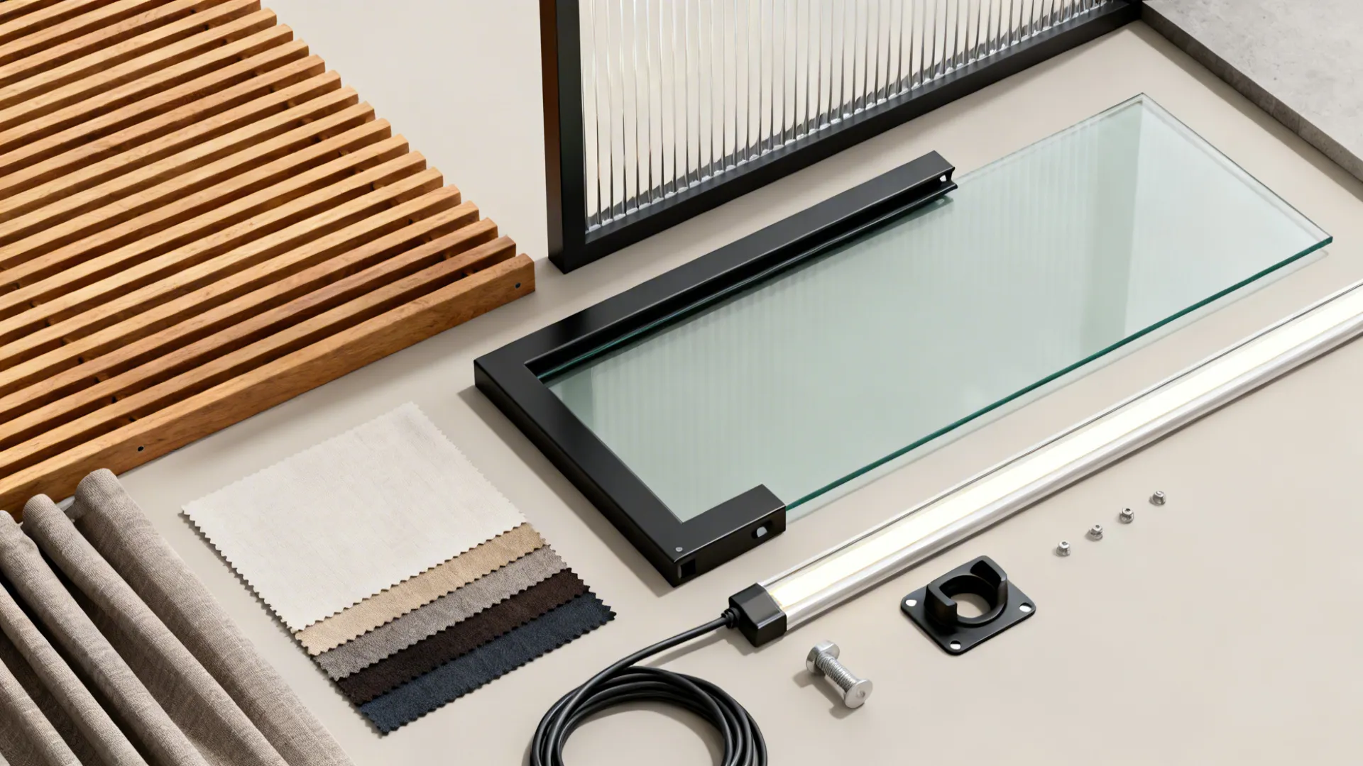 Flat lay of slats, metal frame, glass, fabrics, polycarbonate, and LED strip.