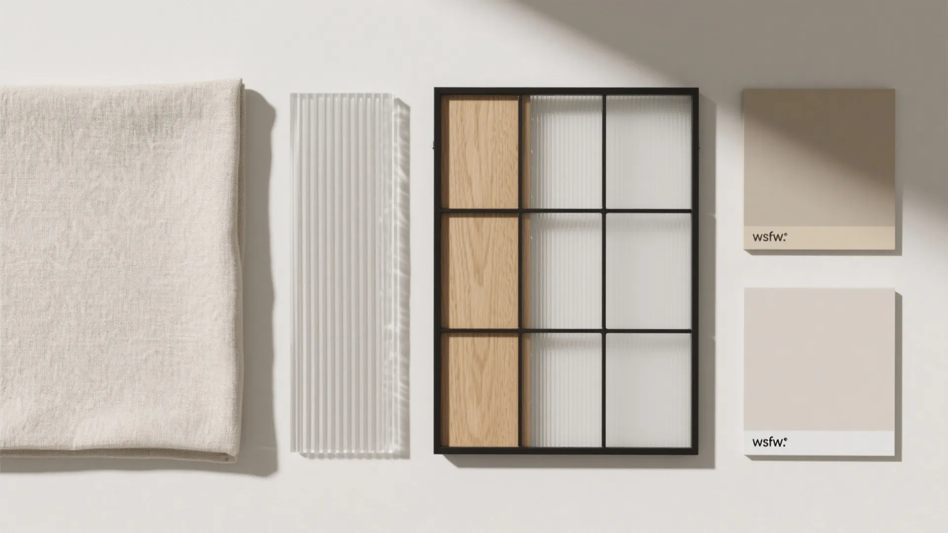 Interior design material board with fabric glass samples wood panel and beige color paint swatches