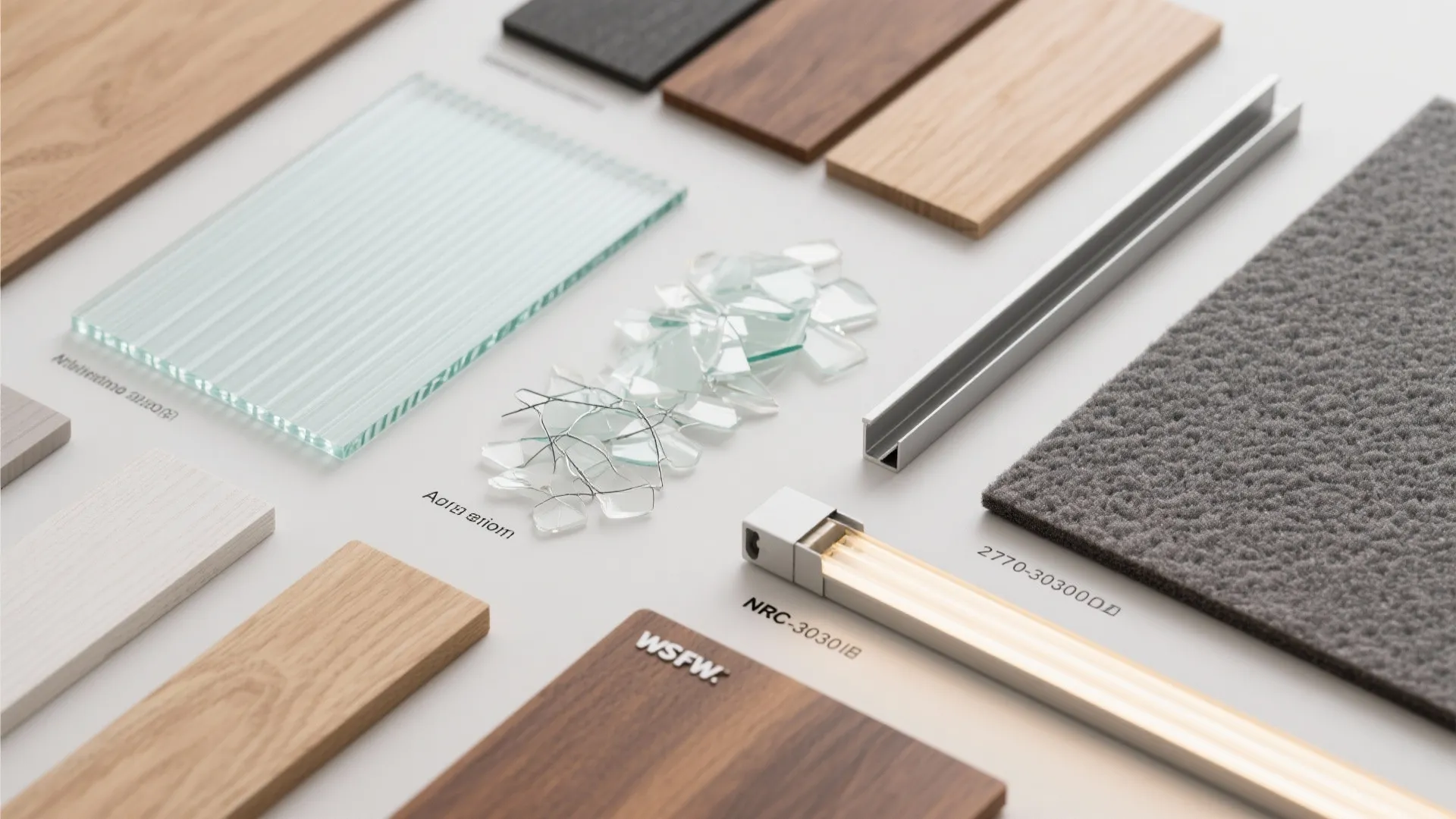 Interior design material samples with wood planks glass pieces metal trim light fixture and carpet