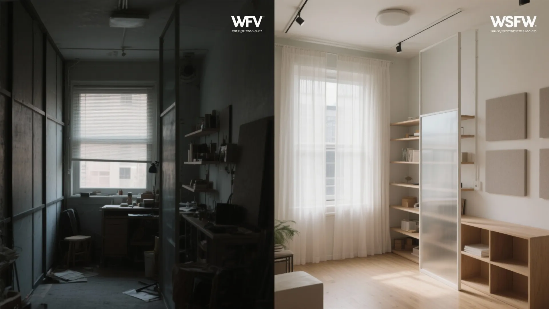 Before and after comparison of a dark messy room versus a bright clean modern office