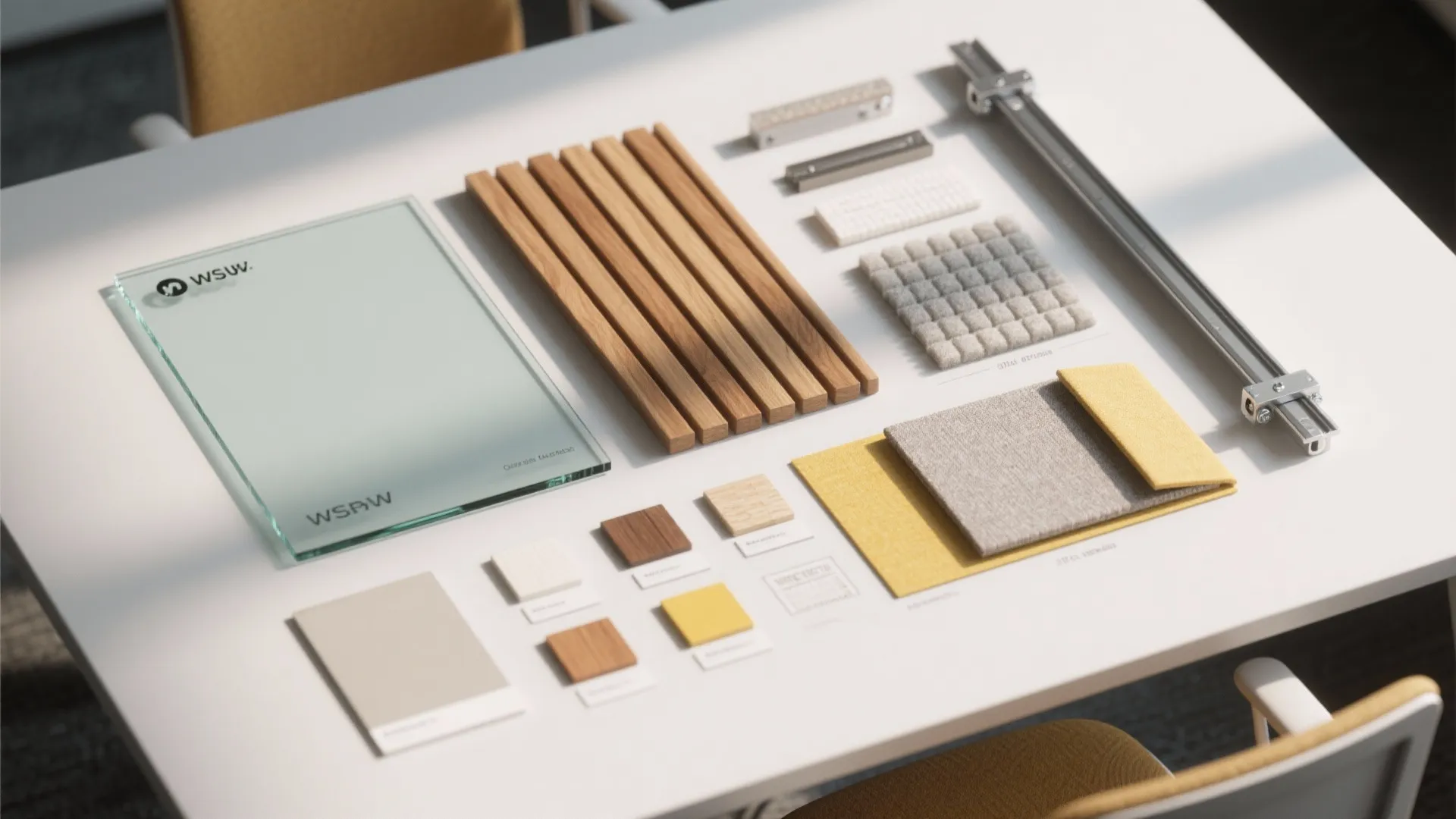 Interior design moodboard on white table showing wood samples fabric swatches glass panel and materials