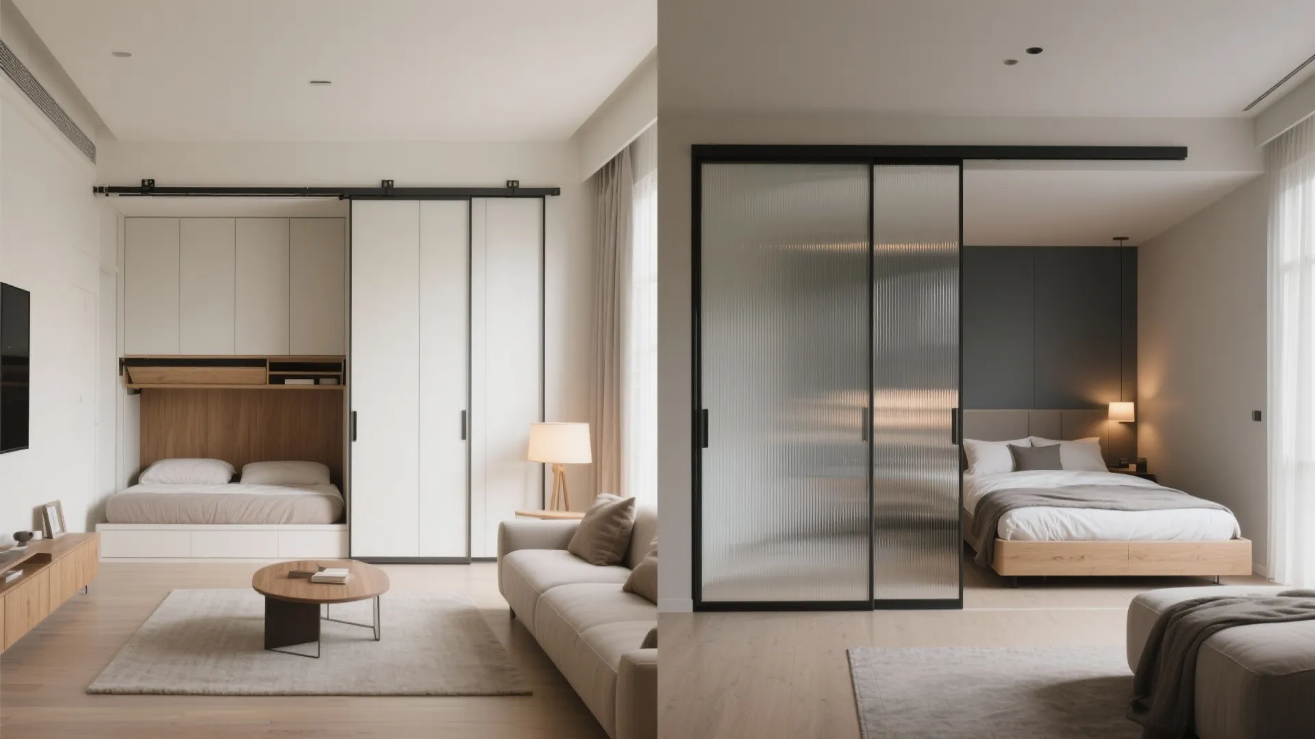Sliding partitions and a Murphy bed for flexible zones