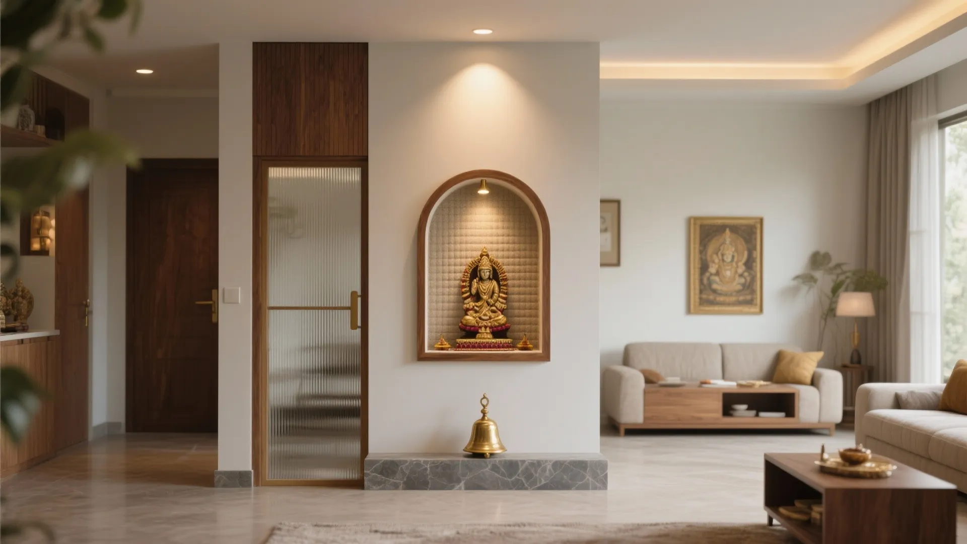 2) Pooja Niche Inside a Living Room Partition