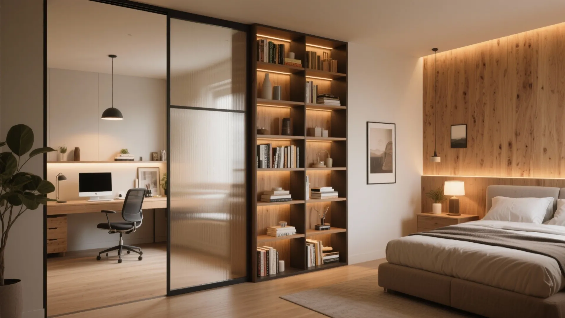 Modern bedroom separated from a home office by a glass sliding door and wooden bookshelf