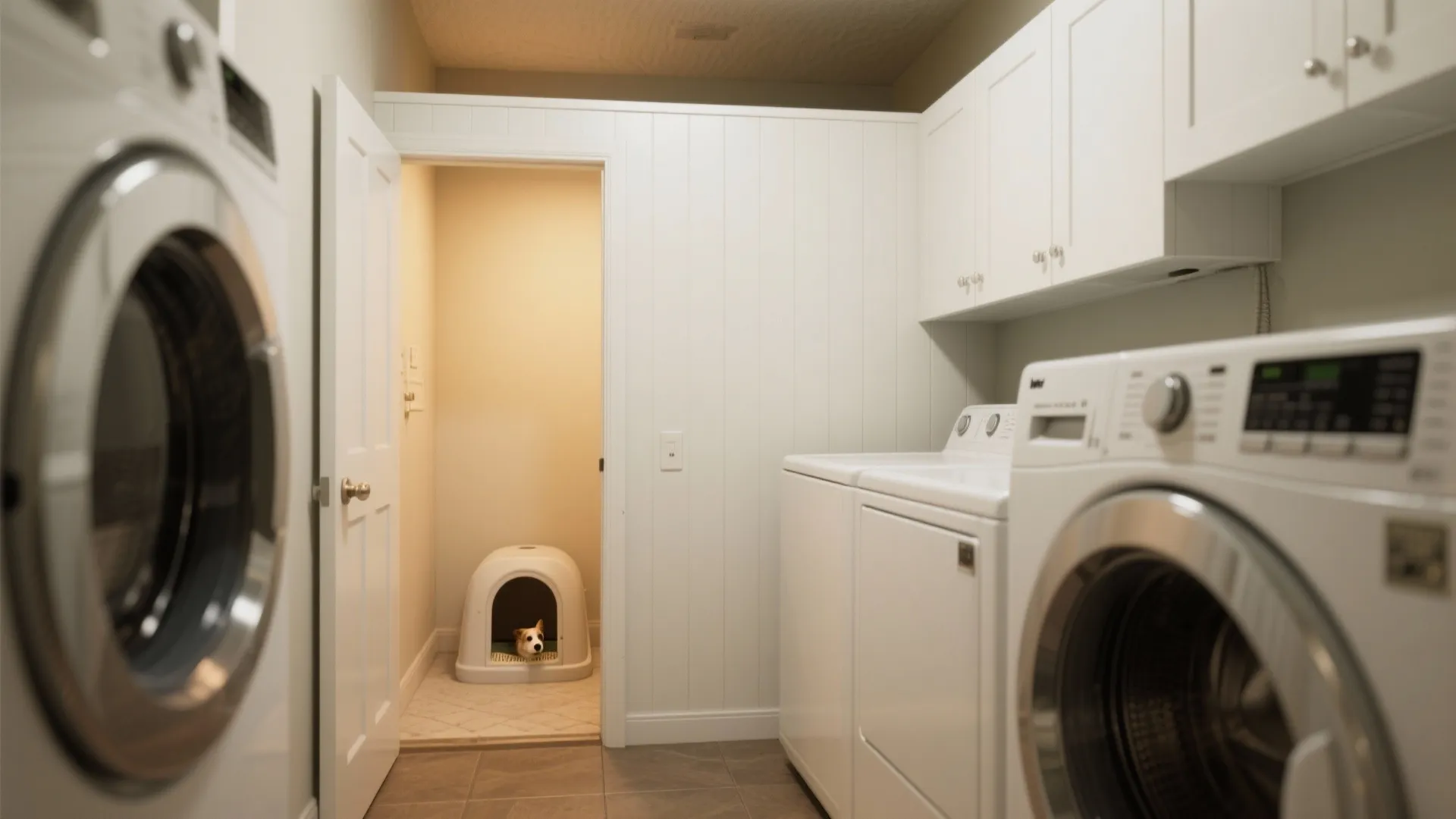 Laundry room layout featuring a white wall panel and a small pet house for dogs